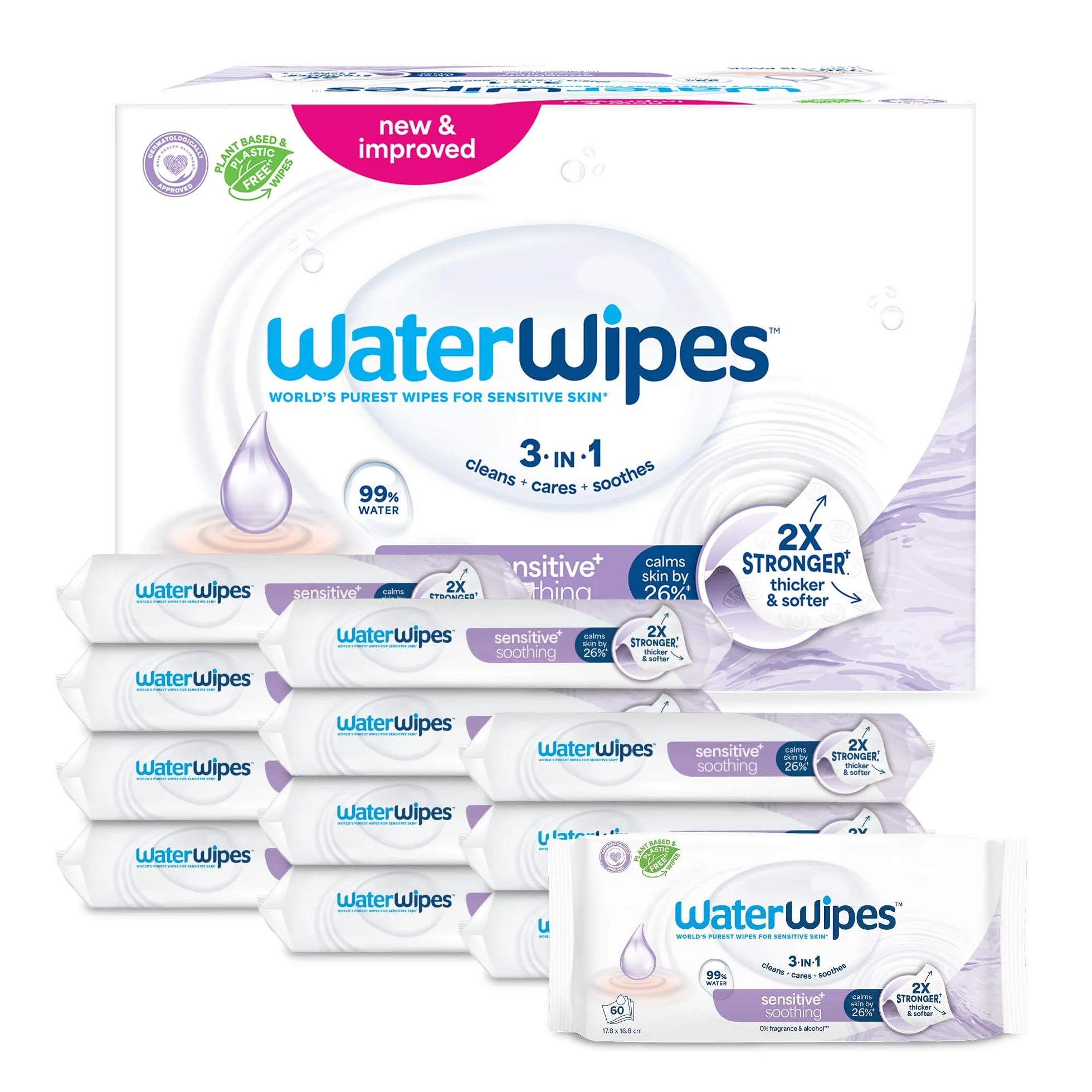WaterWipes Sensitive+ Soothing Clean Wipes, Chusteczki nawilżane łagodzące, 720 sztuk (opakowanie 12), 3 w 1: Delikatnie oczyszczają, pielęgnują, koją, 99% wody z ekstraktem roślinnym