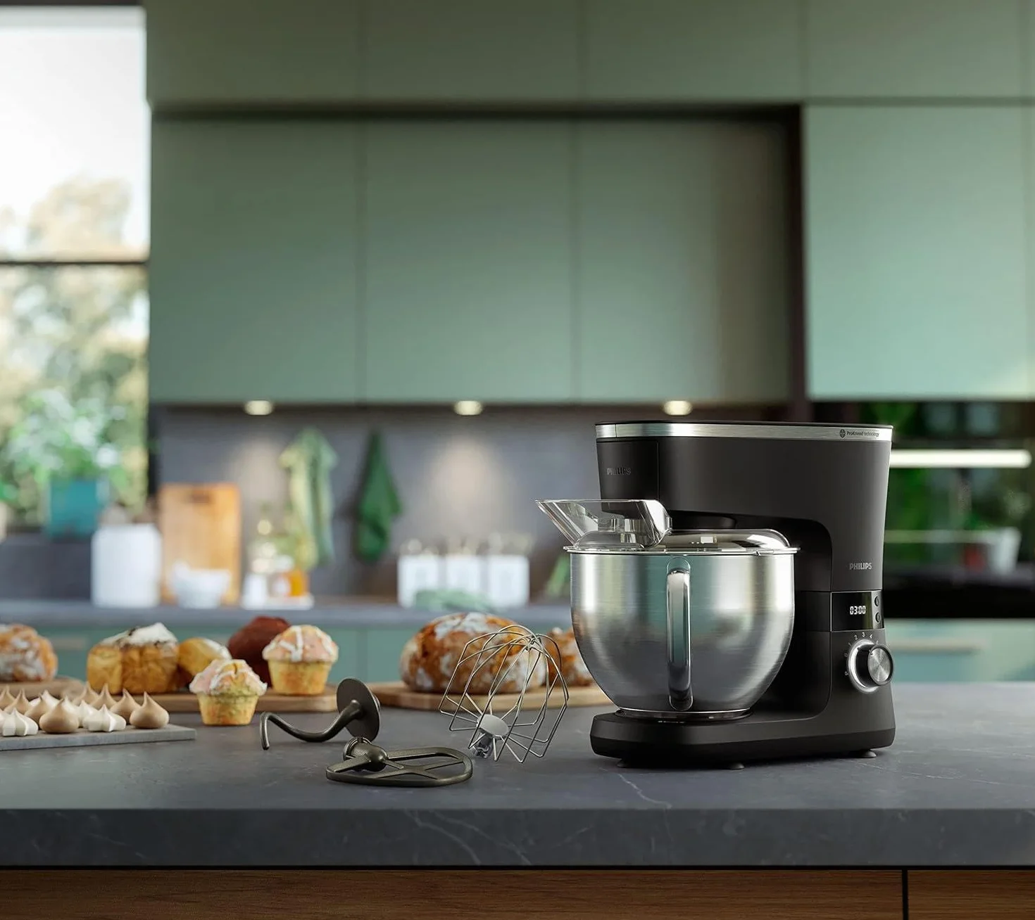 Philips Robot kuchenny z serii 7000, Moc 1000 W, 8 Ustawień Prędkości, Technologia ProKnead,Misa o pojemności 5,5 l z Oświetleniem LED, Końcówka Do Zagniatania Ciasta, Trzepaczka i Ubijaczka HR7962/01