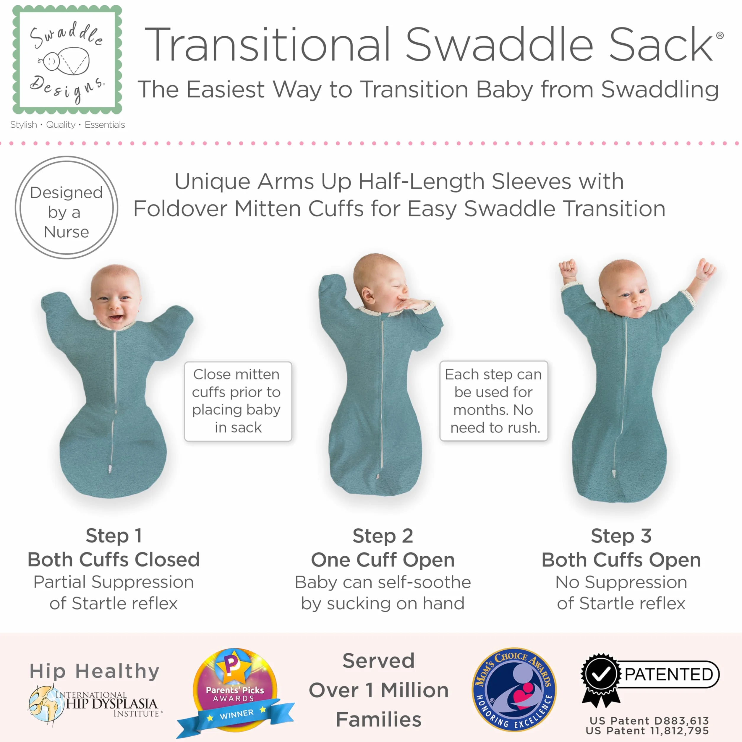 SwaddleDesigns worek do przewijania z rękawami, wrzosowy turkusowy w kropki, mały, 0-3 mies, 2,7-6,4 kg