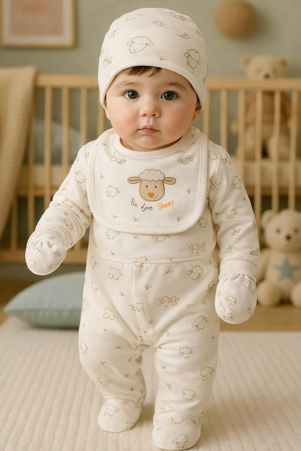 Zestaw prezentowy dla noworodków 6-częściowy 100% bawełna naturalna Oeko-Tex miękki unisex niemowlęta 0–4 miesiące Jagnięce