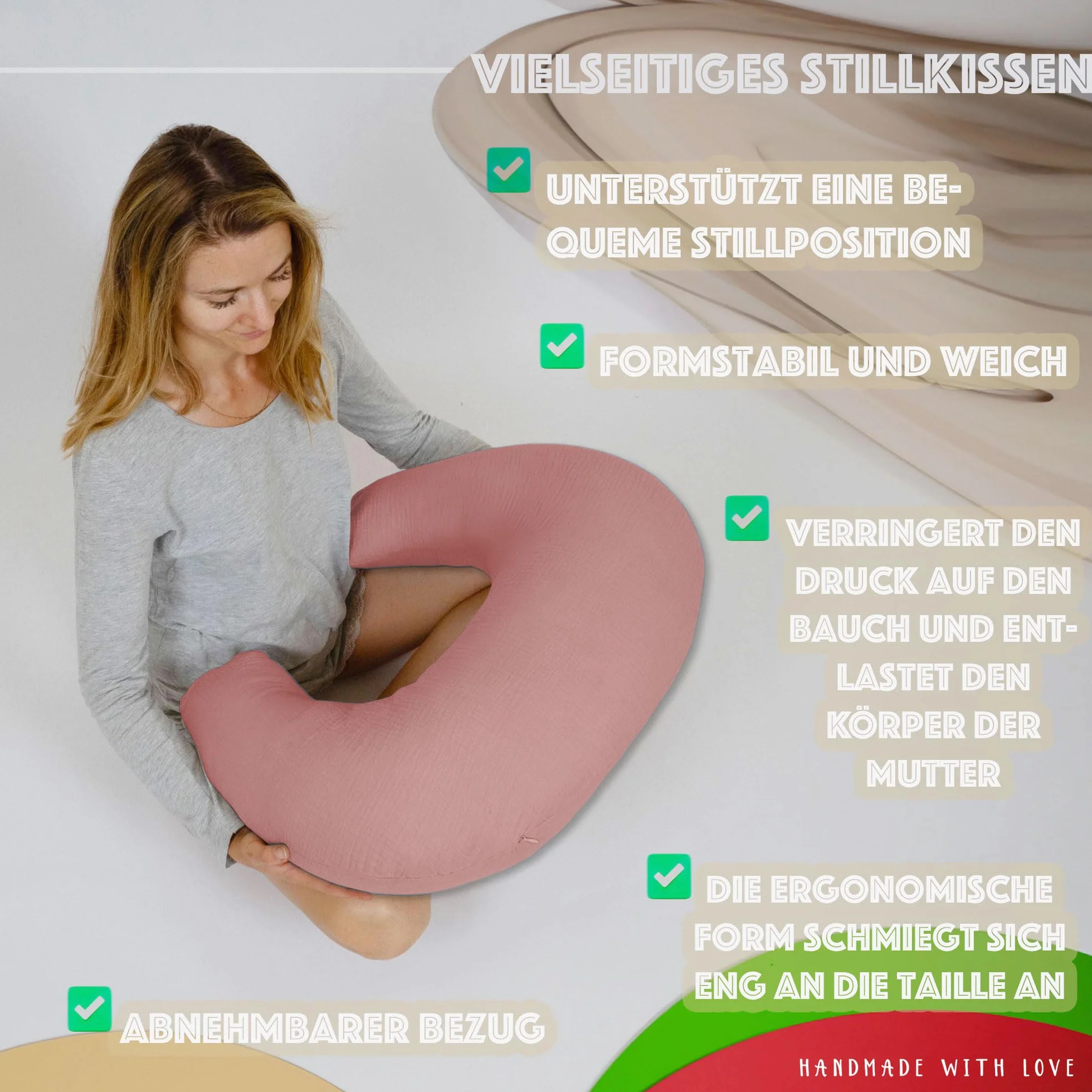 PaLulli® Muślinowa poduszka do karmienia piersią ze 100% bawełny muślinowej – poduszka do karmienia dla niemowląt, poduszka do karmienia dla niemowląt, oddychająca i nadająca się do prania, różowa