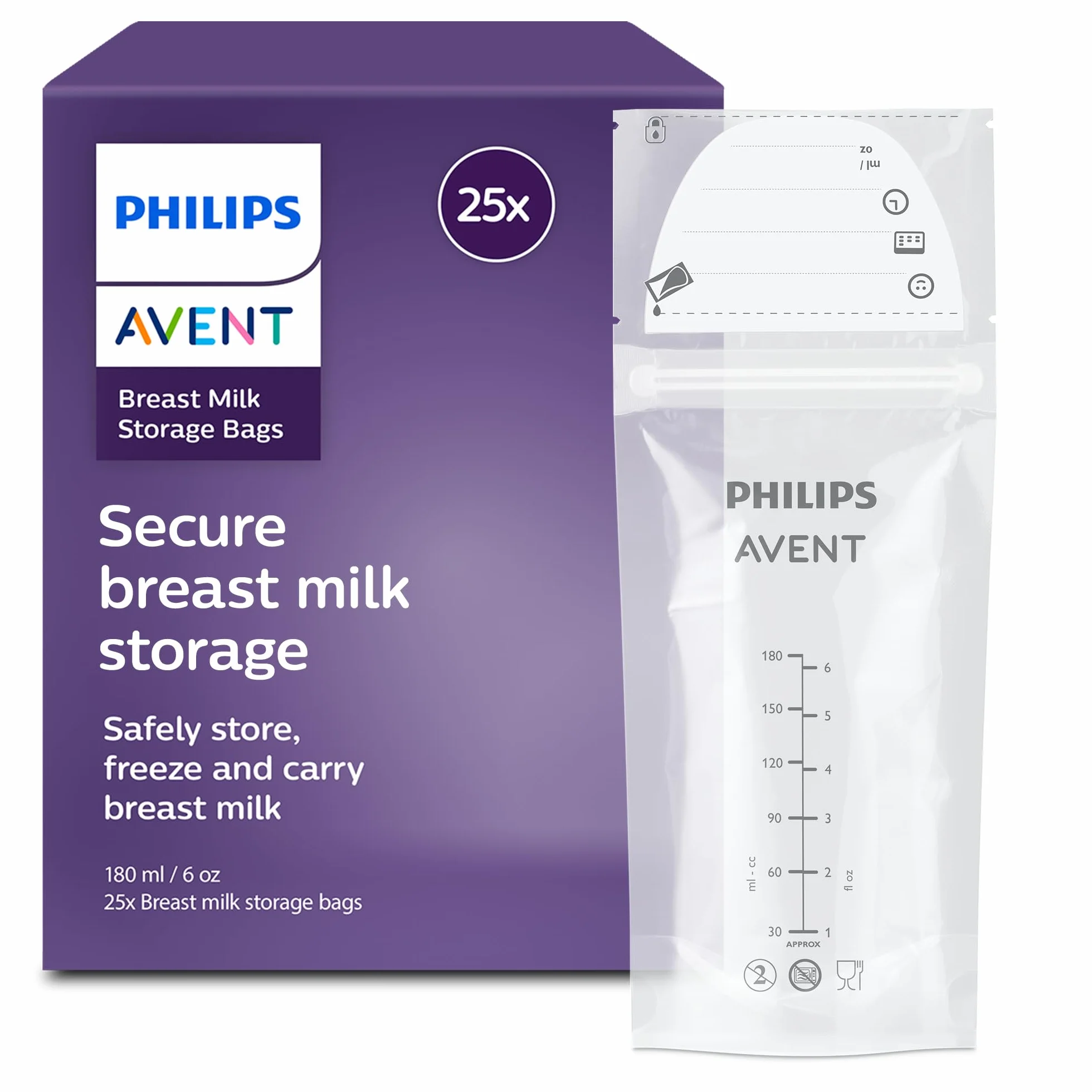 Philips Avent Woreczki do przechowywania pokarmu, 180 ml, 25 sztuk, SCF603/25