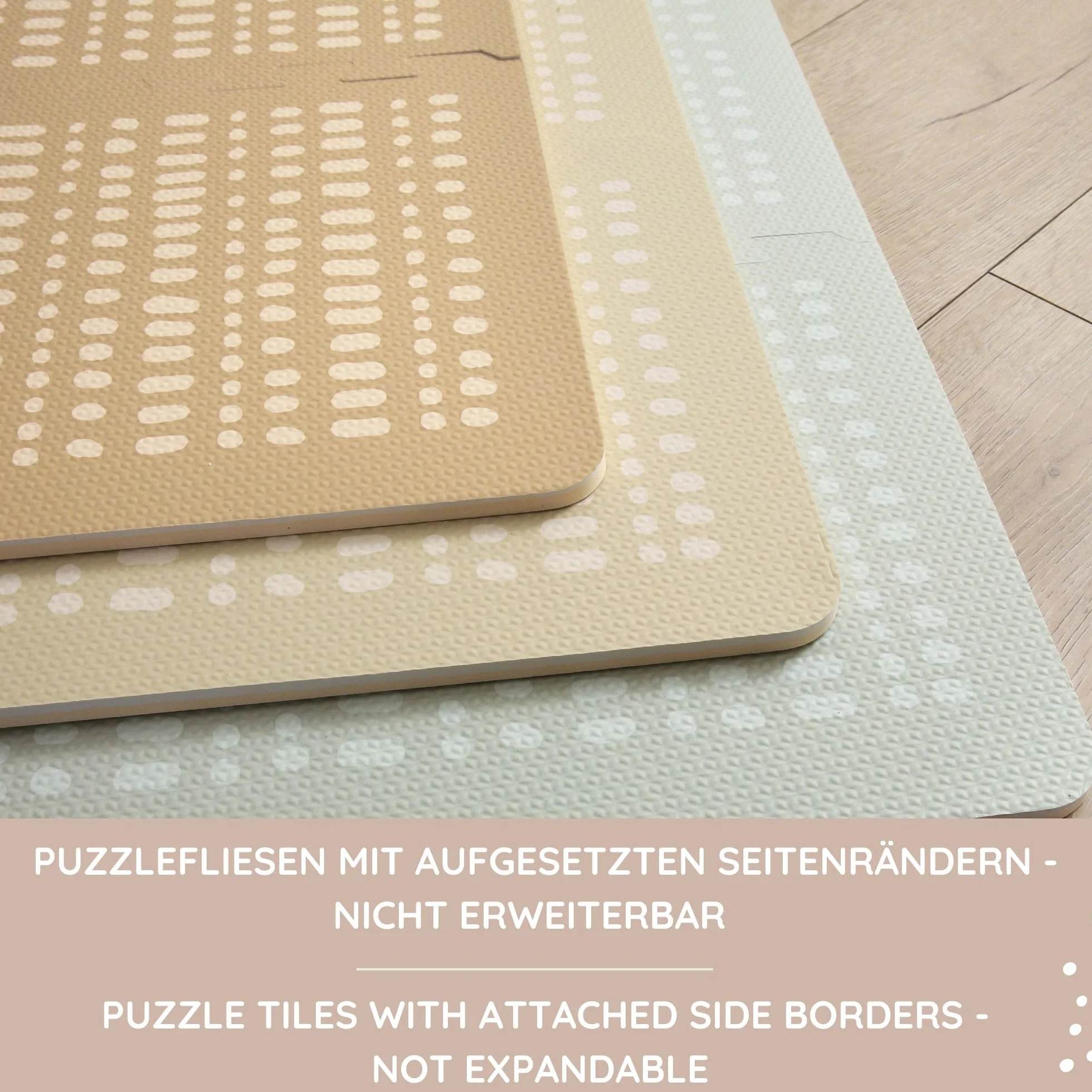 Elegancki dywan do puzzli dla niemowląt 1,7 x 1,2 m Hygge Sand - 16 płytek XL z krawędziami, gruby i miękki, bez szkodliwych substancji, bezwonny, łatwy w pielęgnacji, opakowanie bez plastiku.