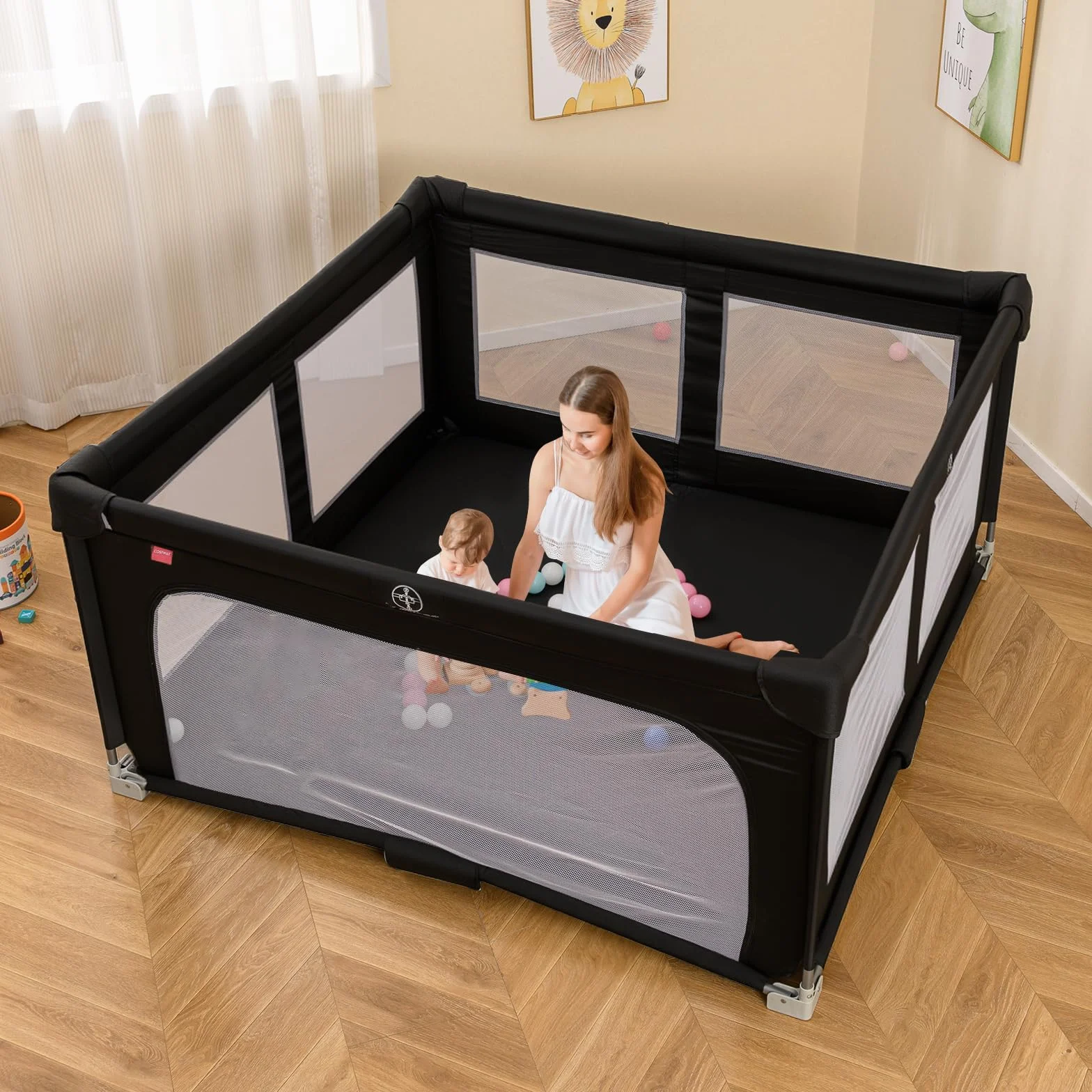 GOPLUS kojec dla niemowląt, 150 x 150 cm, składany kojec z 50 kolorowymi kulkami, 4 uchwytami i torbą do przenoszenia, ogrodzony plac zabaw dla dzieci, do użytku wewnątrz i na zewnątrz (czarny)