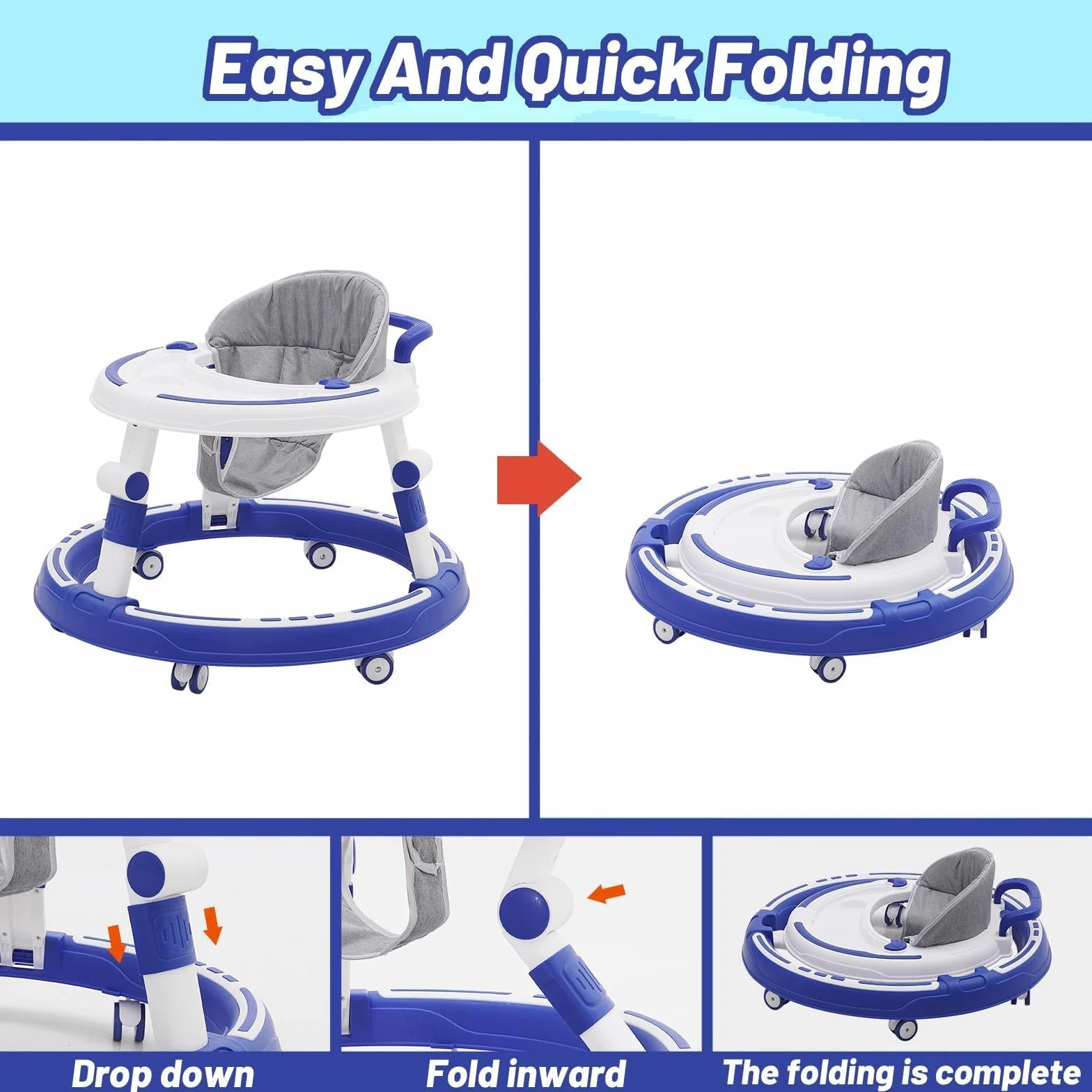 5 w 1 chodzik Baby Walker, z regulacją wysokości, składane, 360°, z muzyką i zdejmowaną tacą, nadaje się dla dzieci od 6 miesięcy