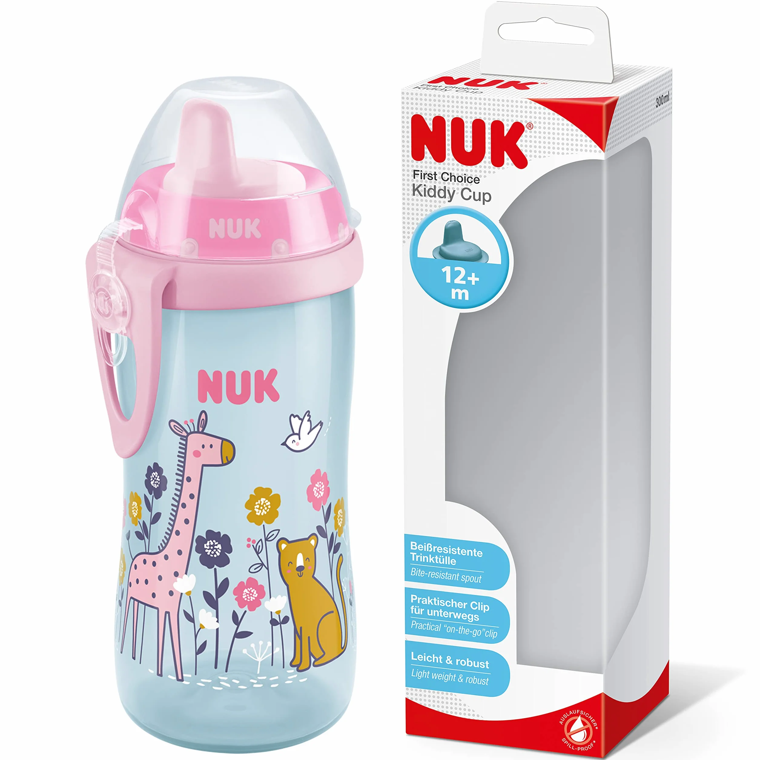Kubek dla niemowlaka NUK Kiddy Cup | 12m+ | 300 ml | Szczelny utwardzany dzióbek do picia | Klips i ochronna przykrywka | Nie zawiera bisfenolu A | Różowy