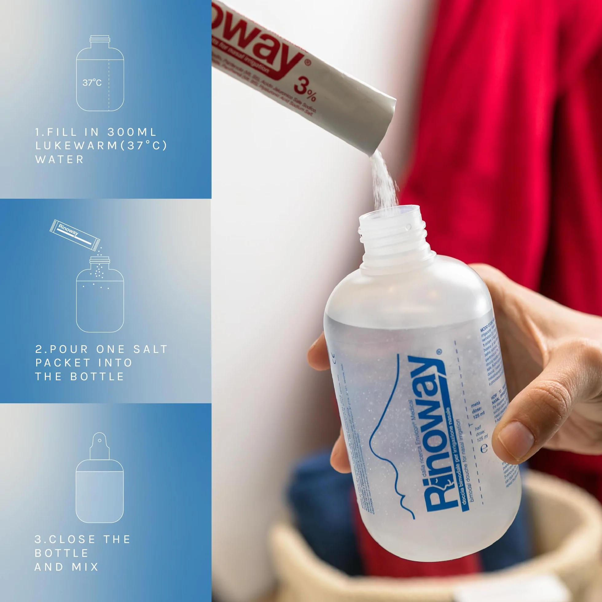 Zestaw do płukania nosa Rinoway - Neti Pot - Butelka do płukania zatok 250 ml z dwiema dyszami do ciśnieniowego, kropelkowego lub nebulizowanego płukania nosa. Dla dorosłych, niemowląt i dzieci.