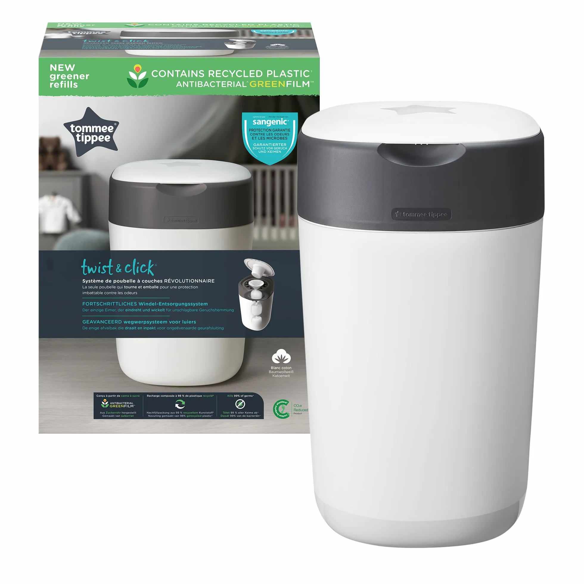 Tommee Tippee Twist and Click Advanced kosz na pieluchy, bardziej przyjazny dla środowiska z 1 wymiennymi wkład z folii antybakteryjnej GREENFILM, przyjazny, biały