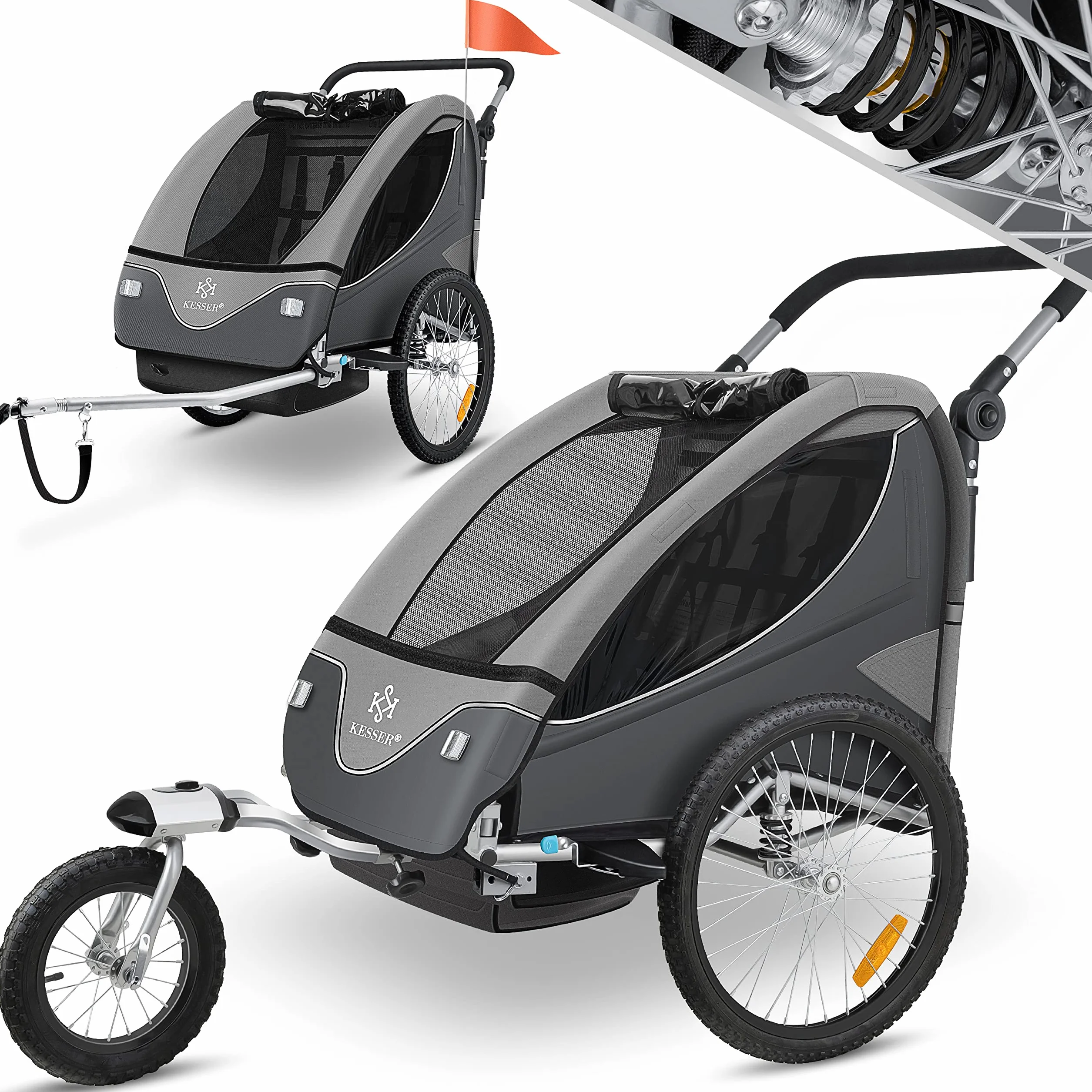 KESSER® Cruiser Child Trailer Przyczepka rowerowa 360° obrotowa z zawieszeniem 2w1 Funkcja Jogger Dziecięca przyczepka rowerowa + 5-punktowe szelki Jogger Przyczepka rowerowa max. 40kg