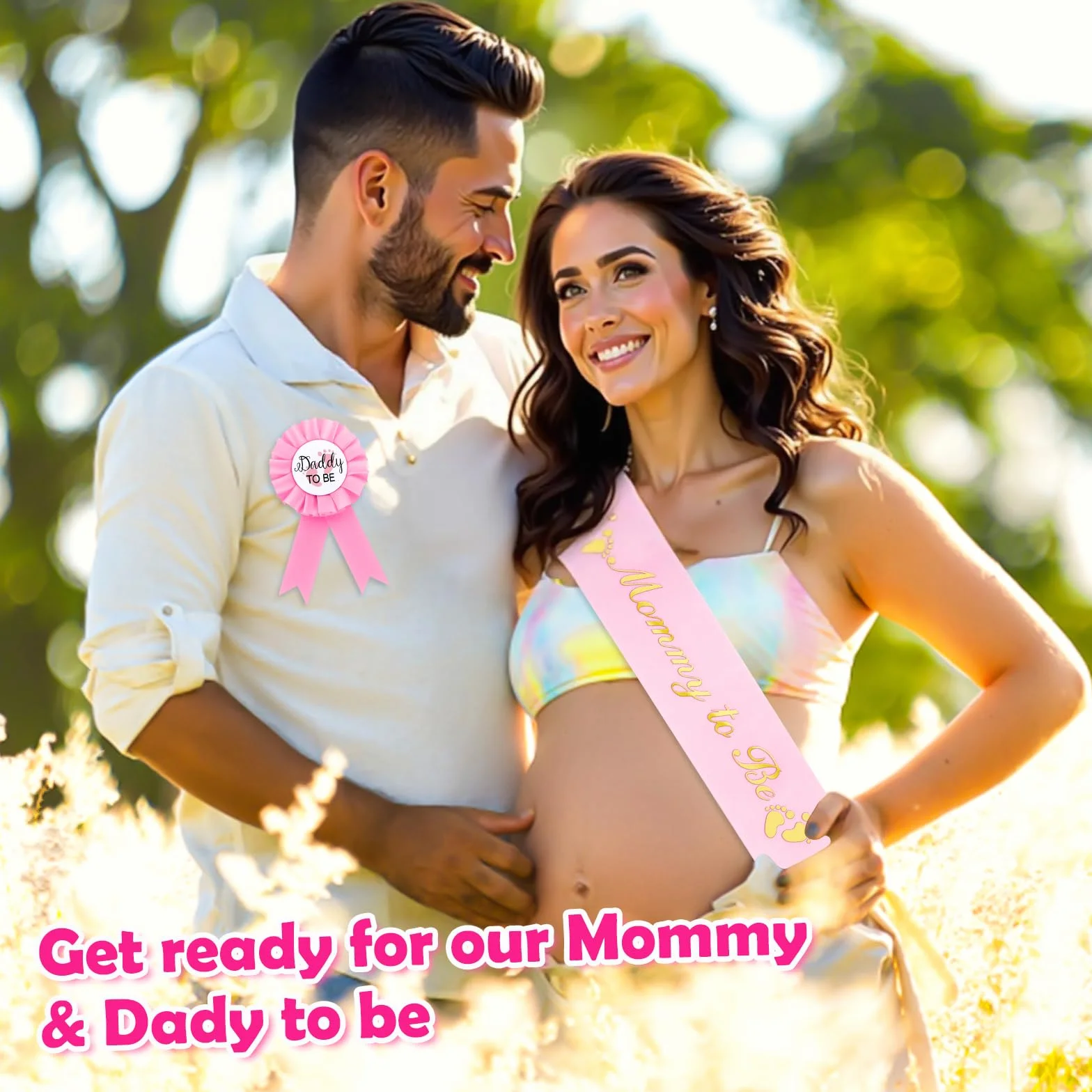 Szarfa Mom to Be Złote Brokatowe Litery Odznaka Expecting Dad Zestaw Dekoracja Baby Shower Różowy