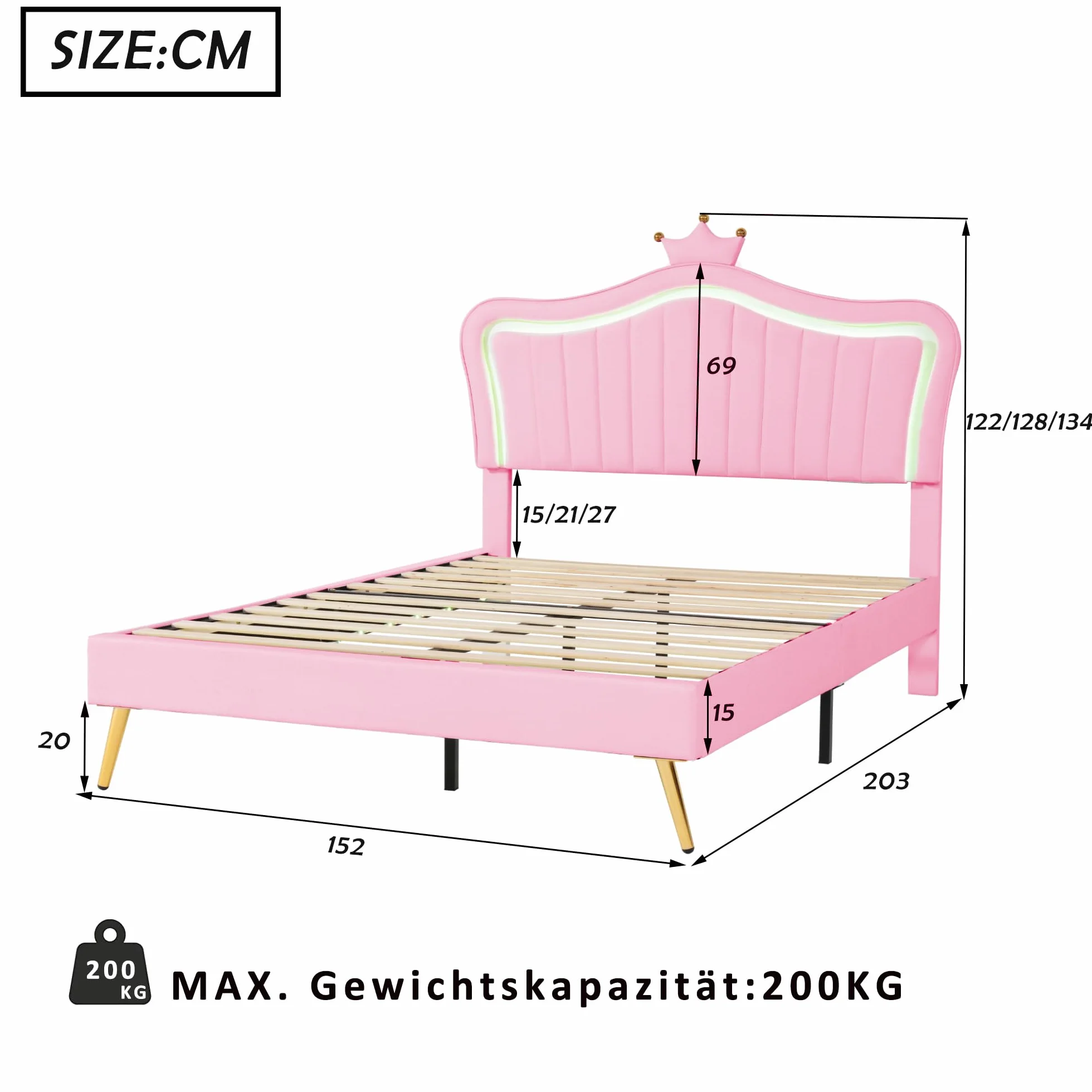 Księżniczka łóżko w kształcie korony 140 x 200 cm, łóżko dziecięce z oświetleniem LED, łóżko tapicerowane dla dziewczynek z oparciem, bez materaca