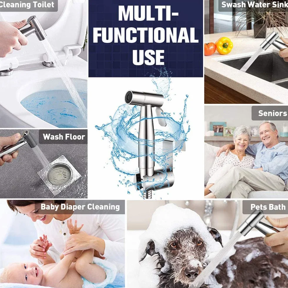 Bidet słuchawka prysznicowa do WC – ręczny zestaw rozpylacza bidetowego z zaworem T G1/2", wężem i uchwytem – srebrny