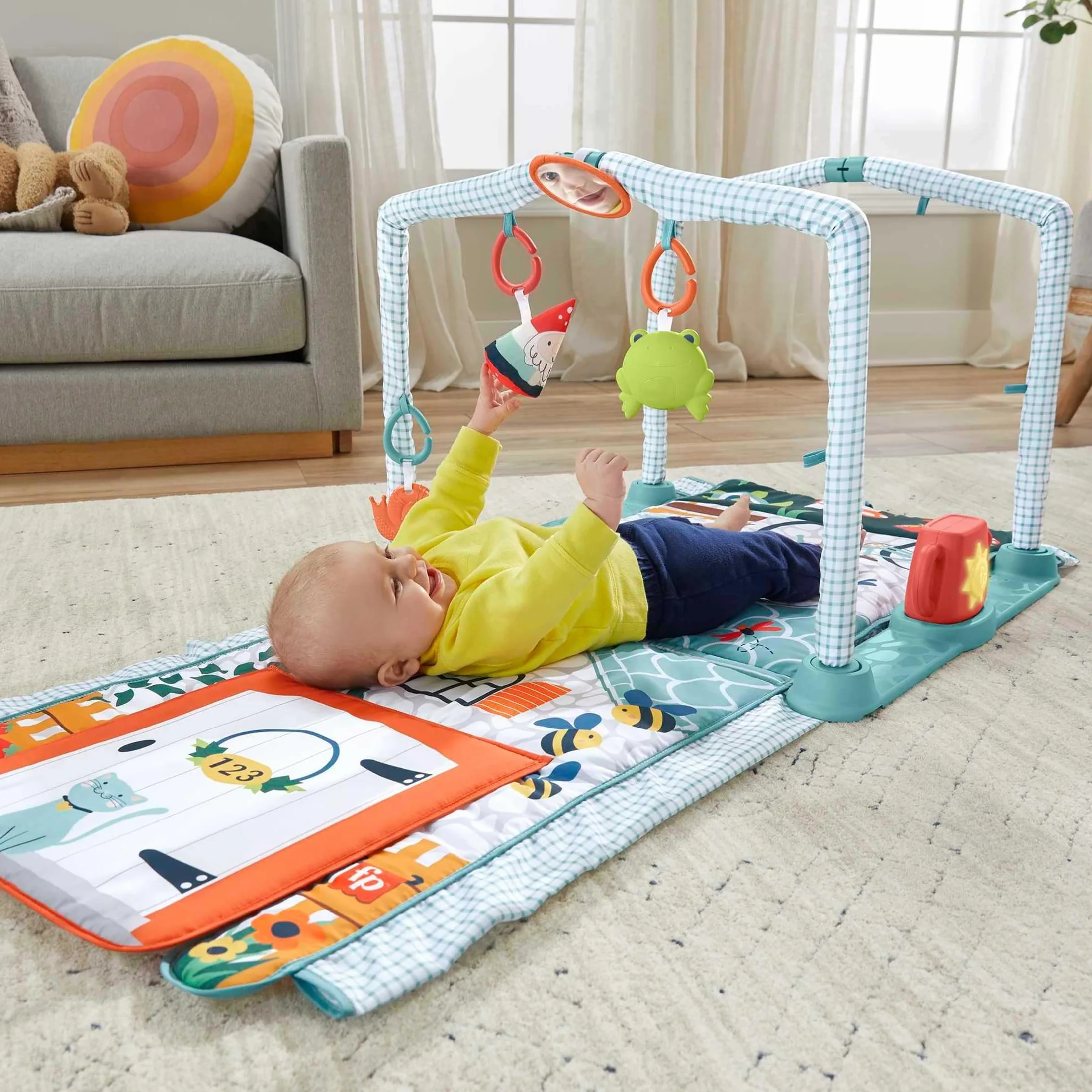 Fisher-Price Edukacyjna mata 3 w 1 z dźwiękami Domek Odkrywcy, mata do zabawy na brzuszku i tunel do raczkowania, od niemowlaka po starsze dziecko, HJK45