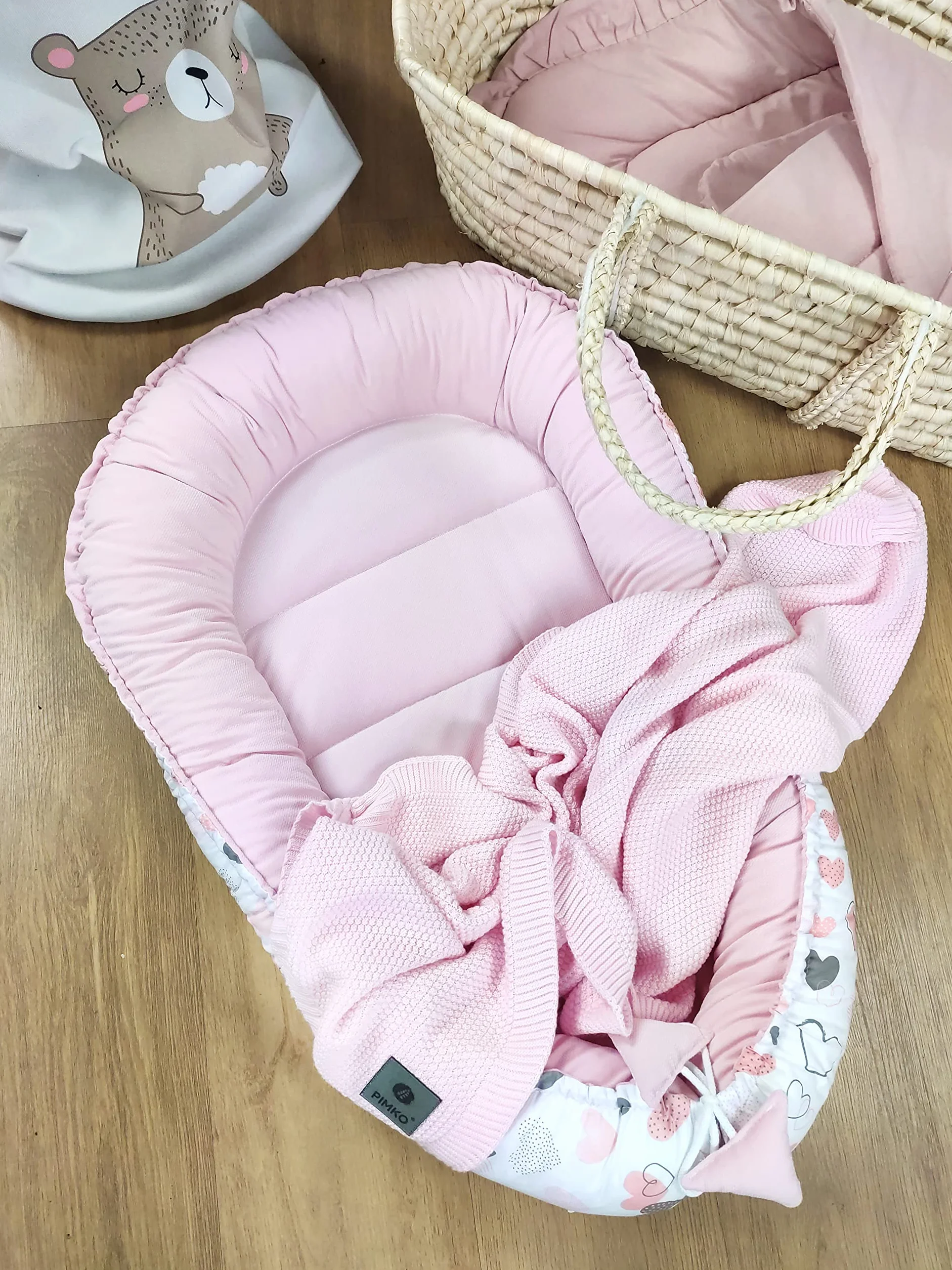 PIMKO Kokon dla niemowląt dwustronny antyalergiczny 90x55 cm bawełna aksamit różowe serca