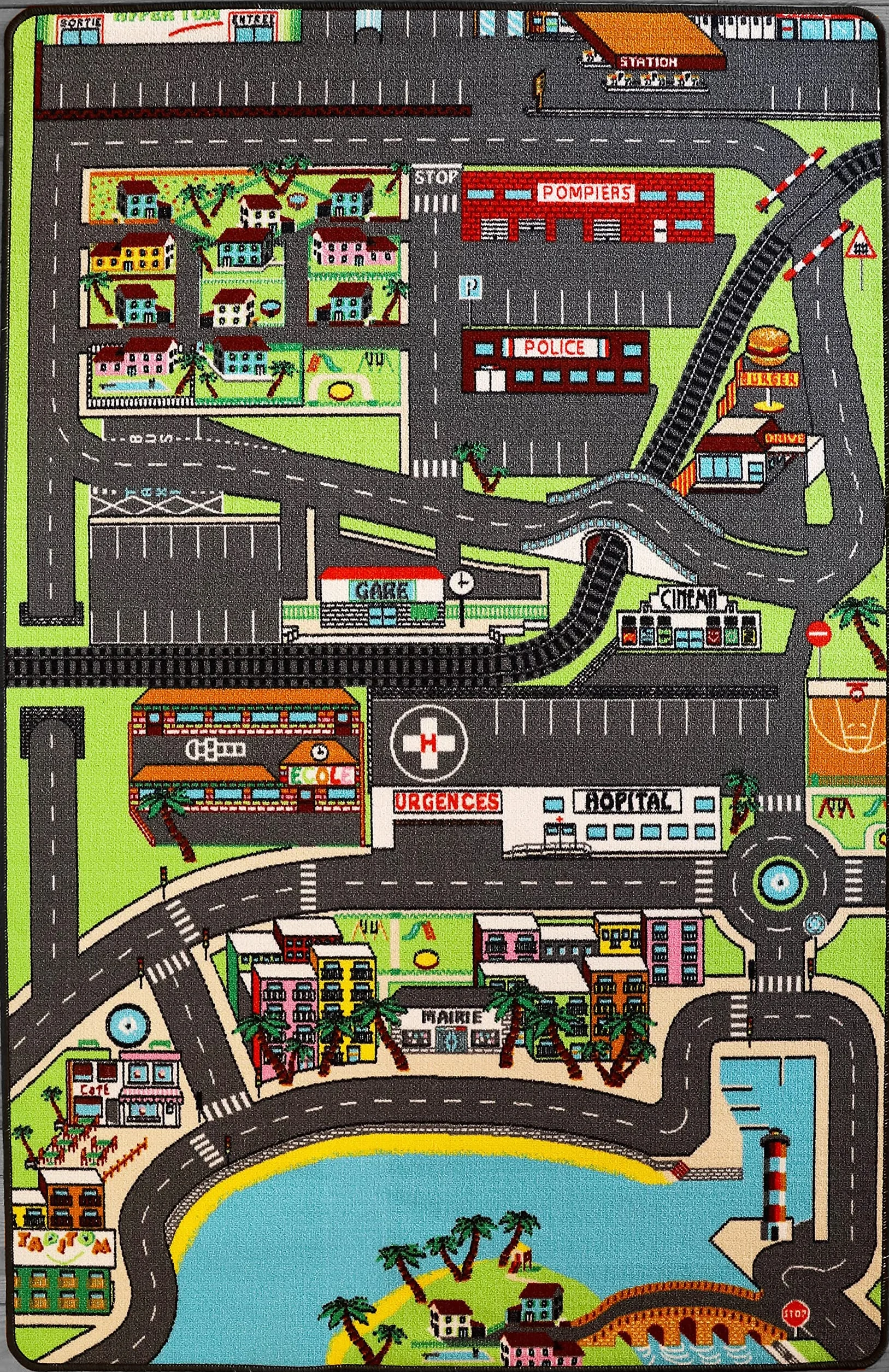 Dywanik samochodowy dla dzieci w mieście – 130 x 200 cm | mata do zabawy z ulicami | mata podłogowa do pokoju dziecięcego | antypoślizgowa, obszyta | norma CE