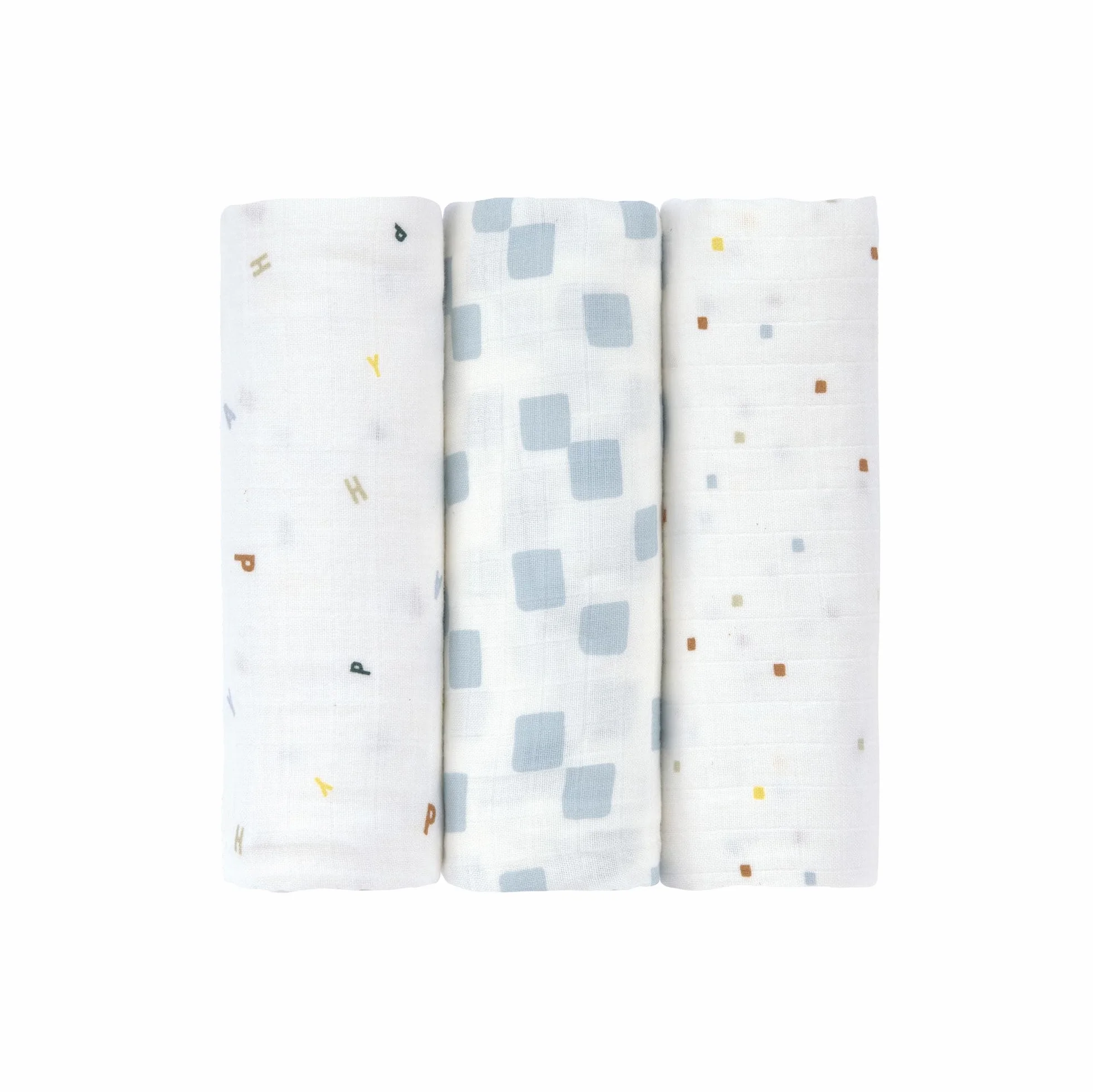 LÄSSIG Kocyk dla niemowląt, koc do plucia, chusta muślinowa, zestaw 3 sztuk, bawełna, 85 x 85 cm, koc Swaddle & Burp Blanket L Happy Fruits Blue