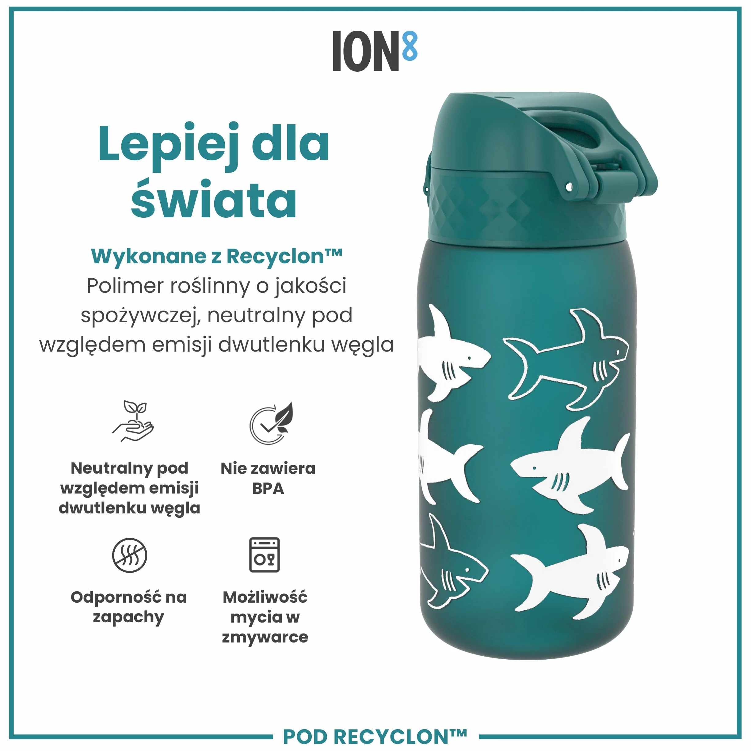 ION8 Butelka dla Dzieci, 350 ml/12 oz, Szczelna, Łatwa do Otwarcia, Bezpieczny Zamek, Można Myć w Zmywarce, Bez BPA, Uchwyt do Przenoszenia, Łatwa do Czyszczenia, Bezwonny, Rekiny