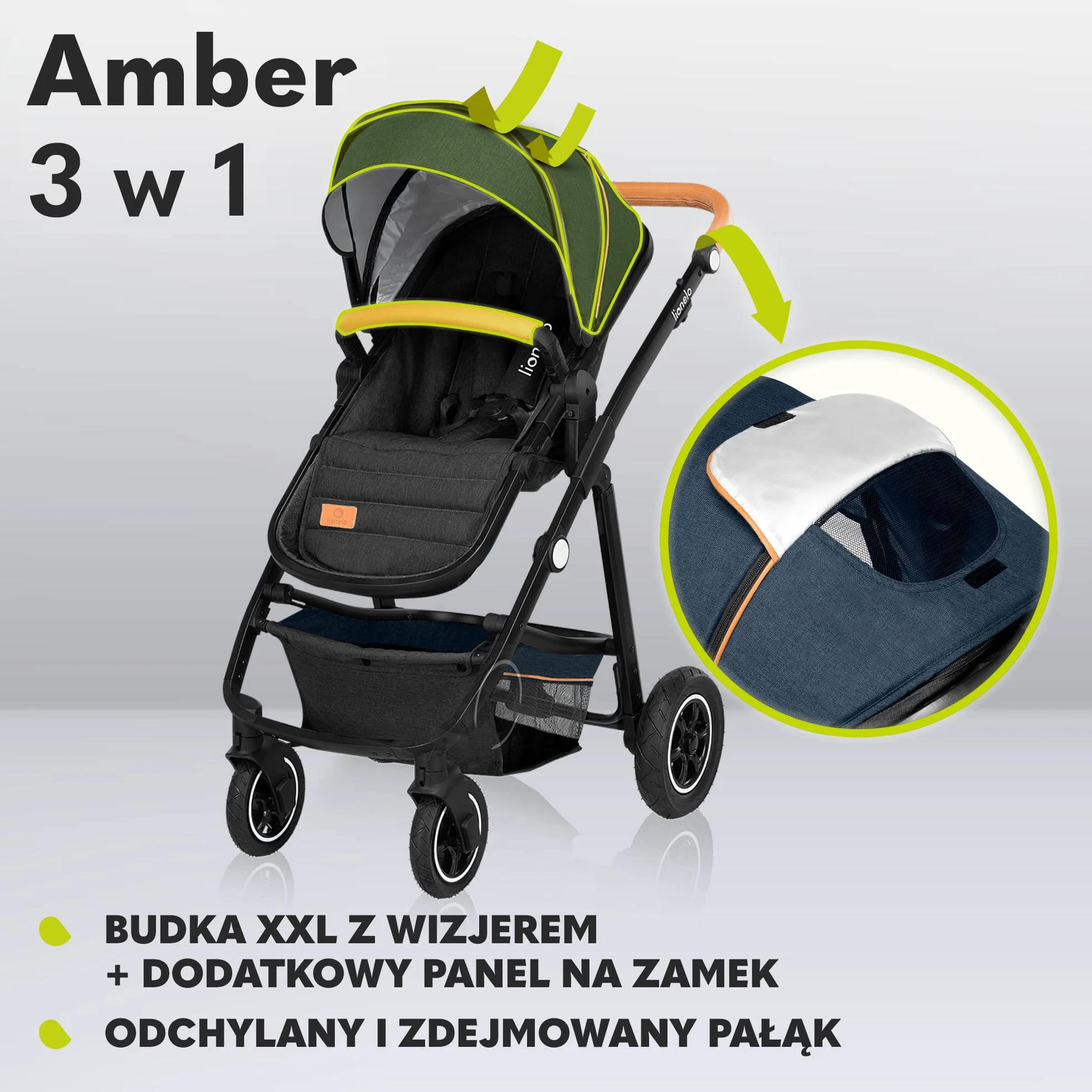 LIONELO Amber wózek spacerowy 3 w 1 do 22kg, montaż siedziska przodem lub tyłem do kierunku jazdy, pozycja leżąca, bezobsługowe koła PU, pokrowiec na gondolę i na spacerówkę, fotelik samochodowy (Granatowy)
