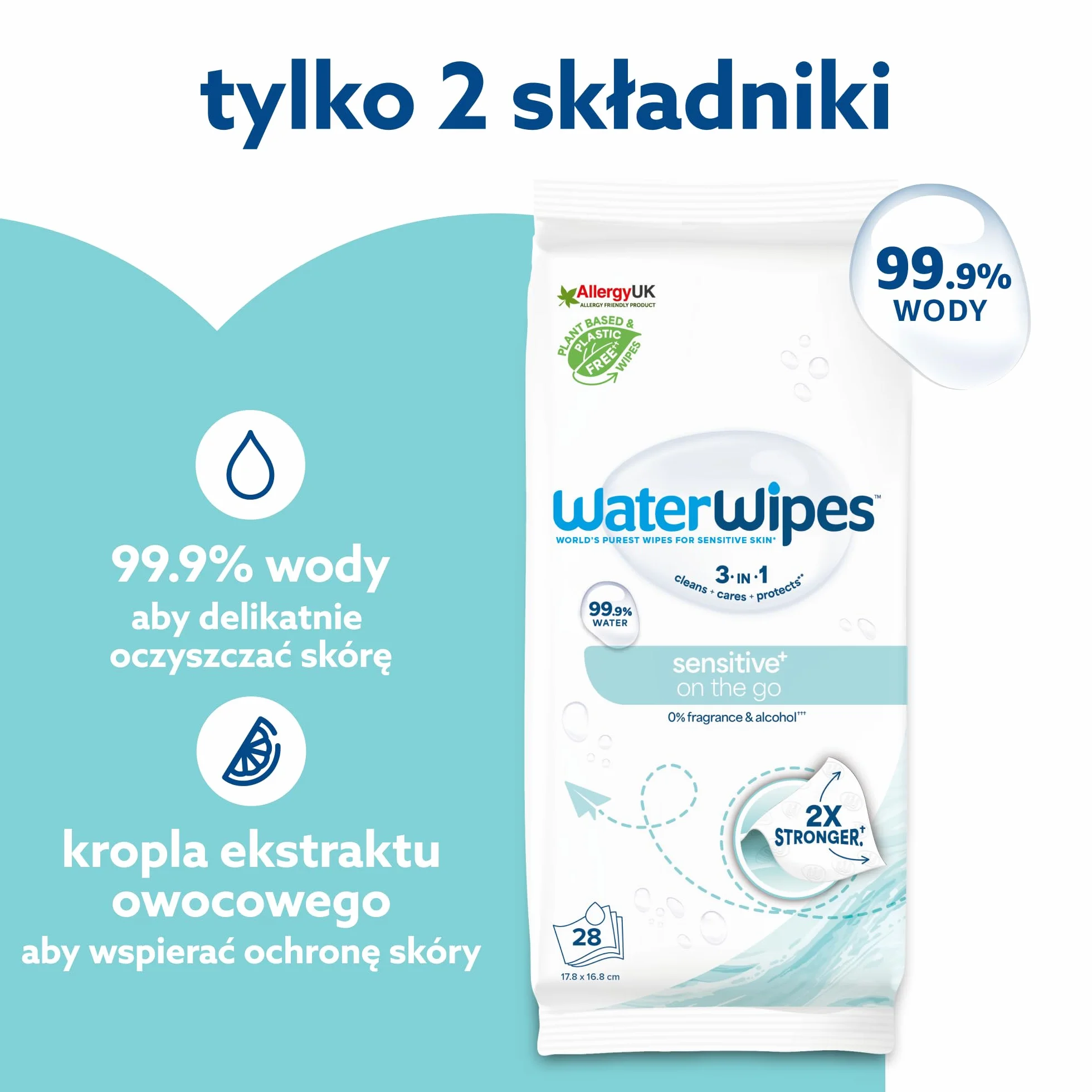 WaterWipes Chusteczki na Wyjazdy, 224 szt. (8 opak.), 99.9% Wody, Idealne w Podróży, Do Twarzy i Ciała