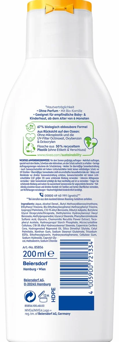 NIVEA SUN Kids Sensitiv ochrona i pielęgnacja mleczko do opalania SPF 50+ (200 ml), bardzo wodoodporny krem przeciwsłoneczny z SPF 50+, balsam do opalania dla wrażliwej skóry dziecka
