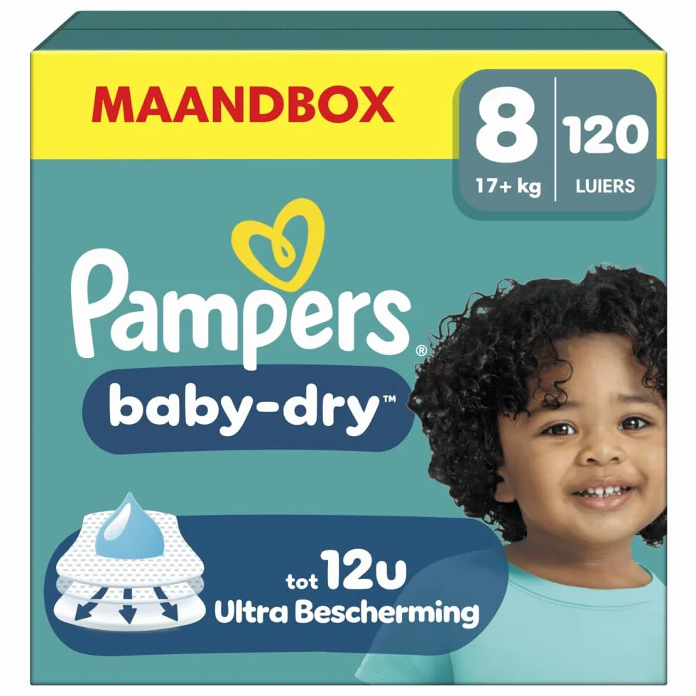 Pampers Pieluchy rozmiar 8 (17 kg+) Baby-Dry, bardzo duże, pudełko miesięczne, do 12 godzin, kompleksowa ochrona przed wyciekiem, 120 sztuk (1 opakowanie)