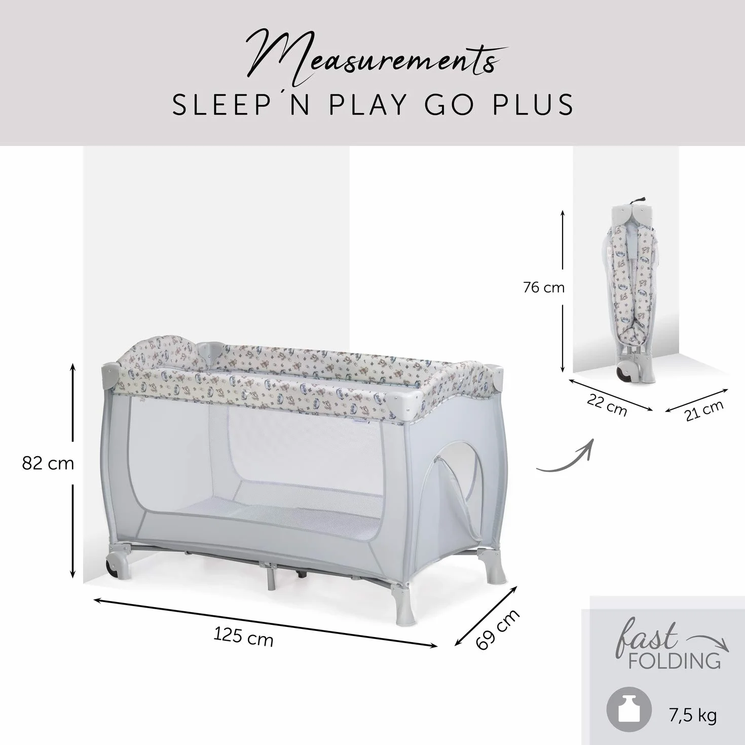 Hauck Sleep N Play Go Plus 4-częściowe łóżeczko turystyczne, od urodzenia do 15 kg, z bocznym wyjściem, składanym dnem, kółkami, torbą do przechowywania, składane kompaktowo