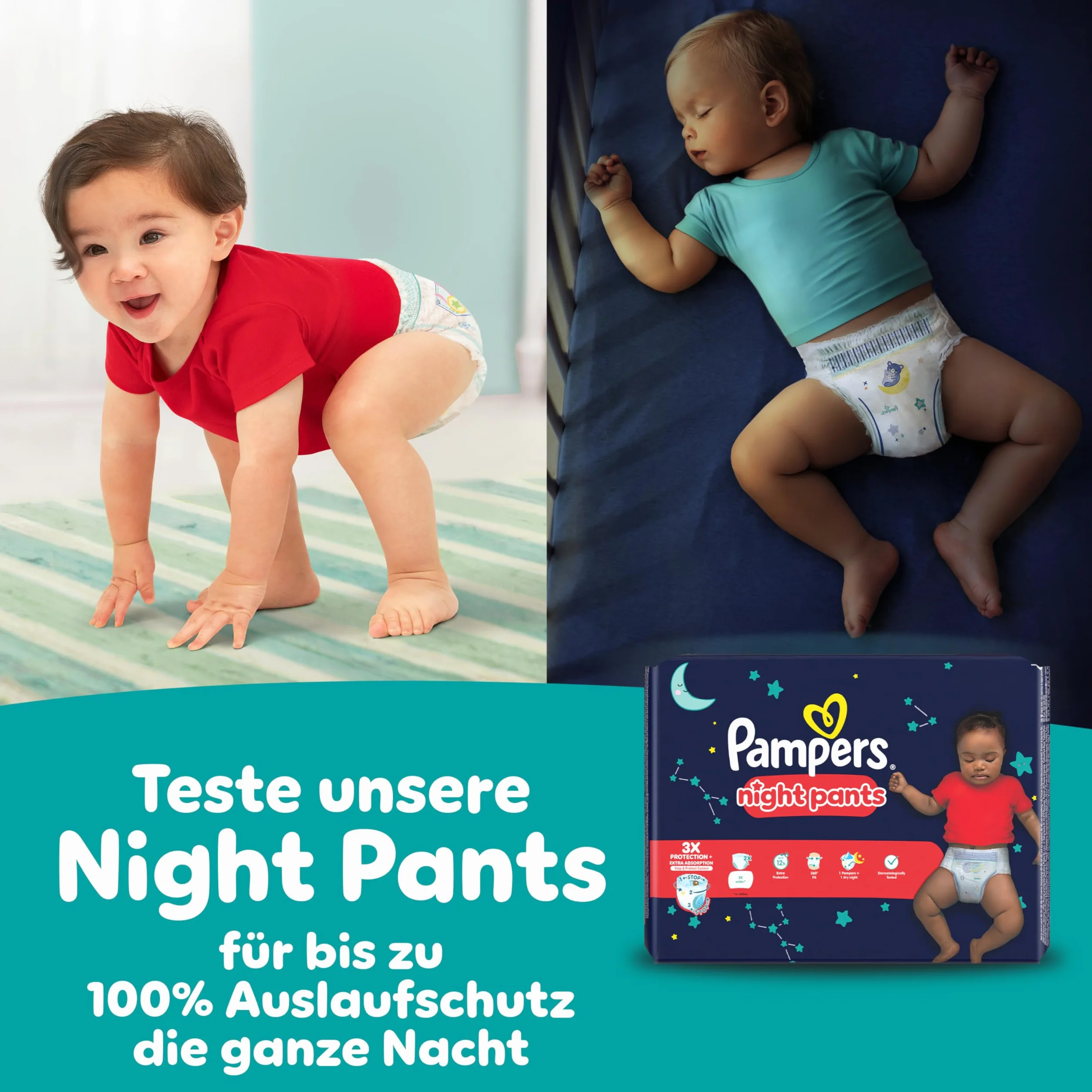 Pampers Spodnie Baby-Dry. Rozmiar 4, 180 pieluch-majtek, 9-15 kg, 360° Zabezpieczenie przed wyciekiem z kieszenią Stop & Protect na noc do 100% bez wycieków, opakowanie 1 miesiąc
