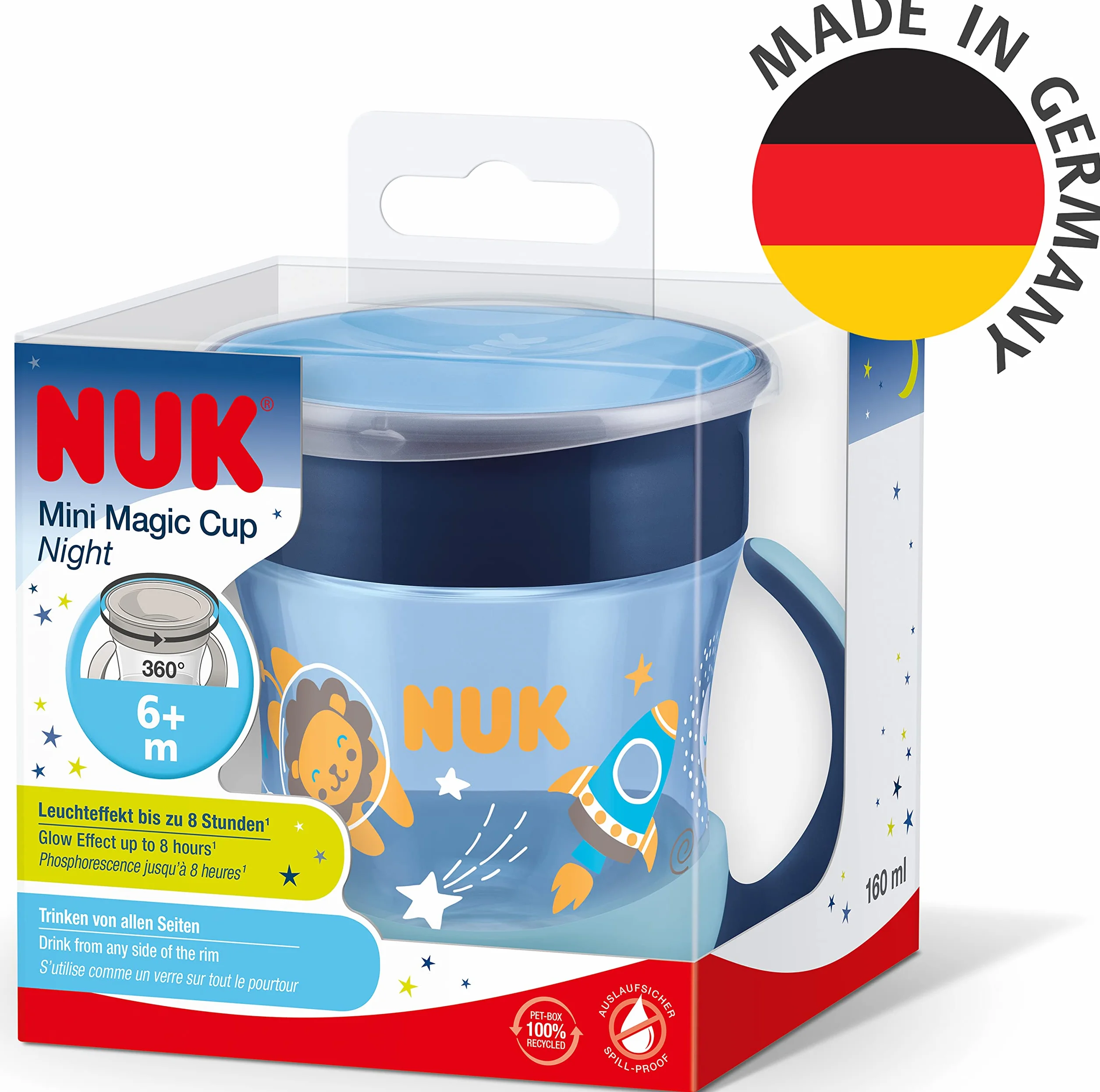 Kubek niekapek NUK Mini Magic Cup Night | Wiek: 6m+ | 160 ml | Krawędź zapobiegająca rozlaniom 360° Anti-Spill | Fosforyzujący kolor |Nie zawiera bisfenolu A, możliwość mycia w zmywarce | Niebieski