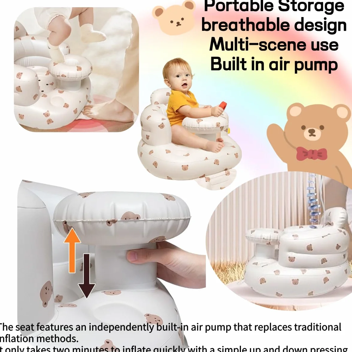 Nadmuchiwane siedzisko dla niemowląt, 3-36 miesięcy, wbudowana pompka powietrza, podparcie pleców dla niemowląt, krzesło do siedzenia, baby shower, krzesło na zewnątrz, siedzenie podłogowe, prezenty