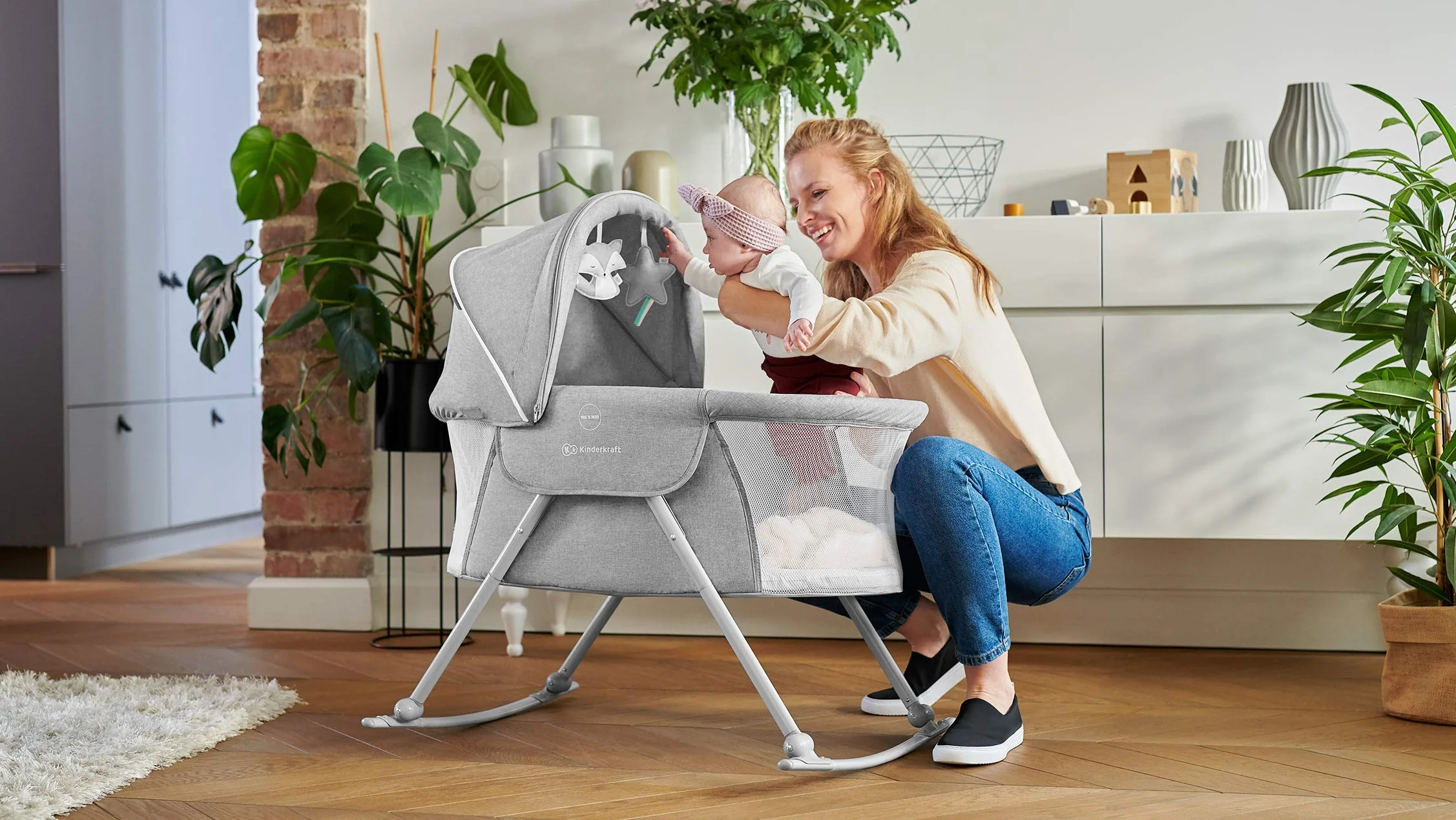 Kinderkraft Łóżeczko dziecięce 3w1 LOVI, Łóżko turystyczne, Kołyska, Beżowy