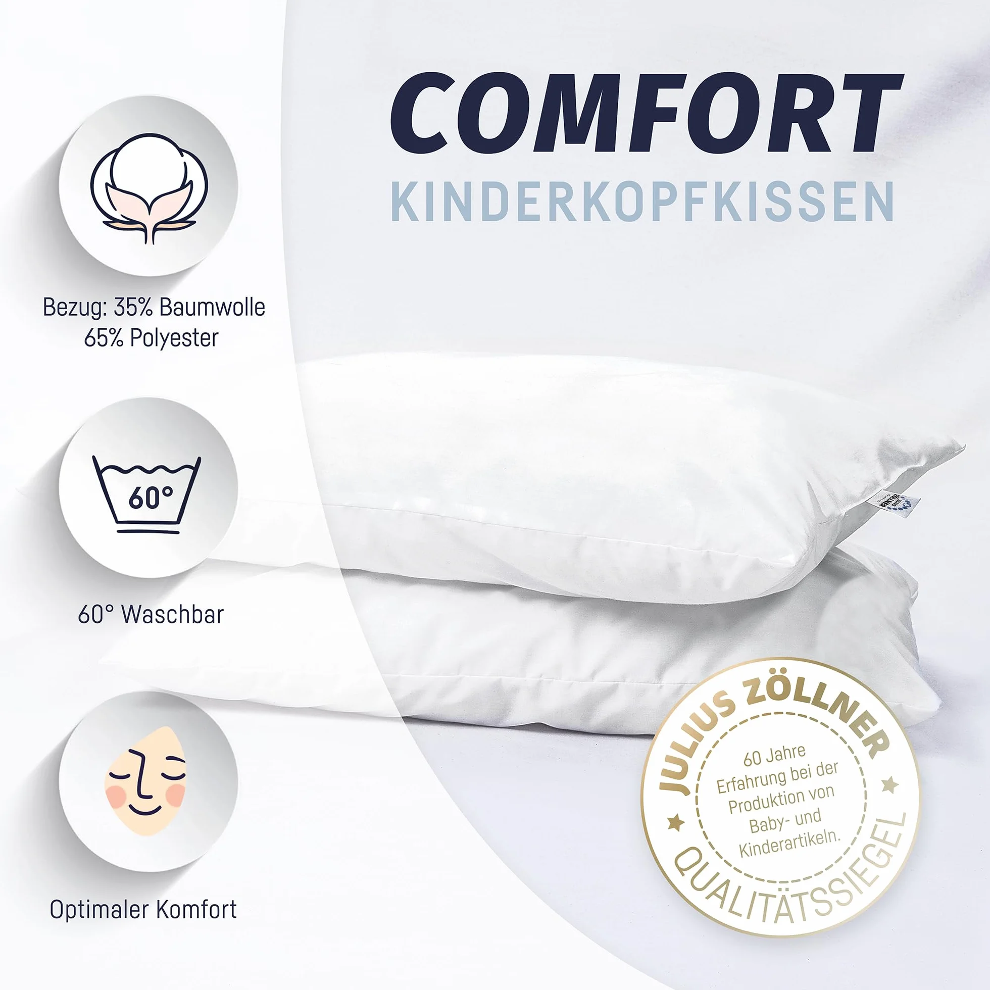 Julius Zöllner® Poduszka Comfort 40 x 80 – poduszka dziecięca zapewnia zdrowy sen – można prać w temperaturze 60°C i Öko-Tex Standard 100 – Made in Germany, biała