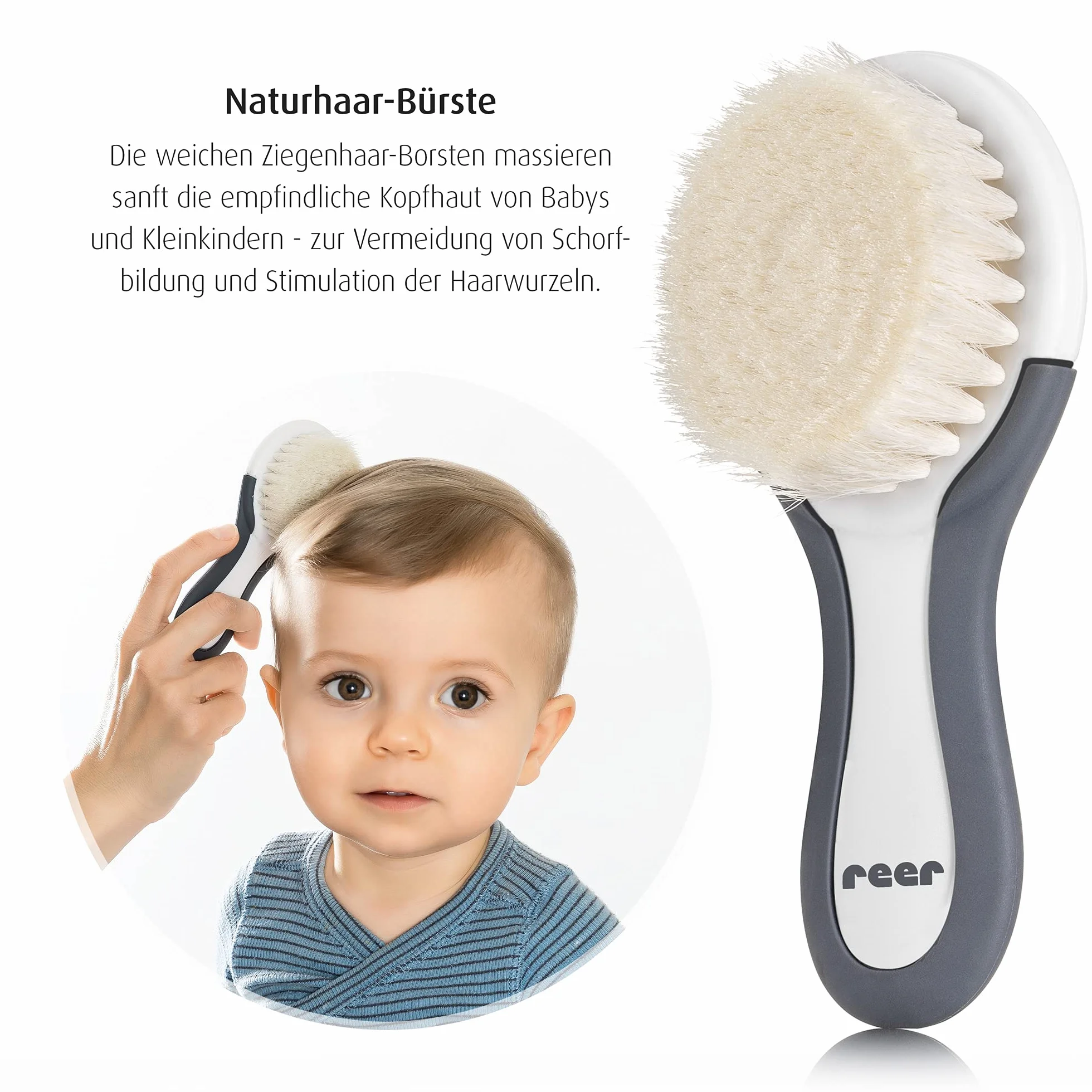 Reer BabyCare 81070 zestaw do pielęgnacji włosów, 2-częściowy, kozia szczotka do włosów i grzebień do strupa, biały
