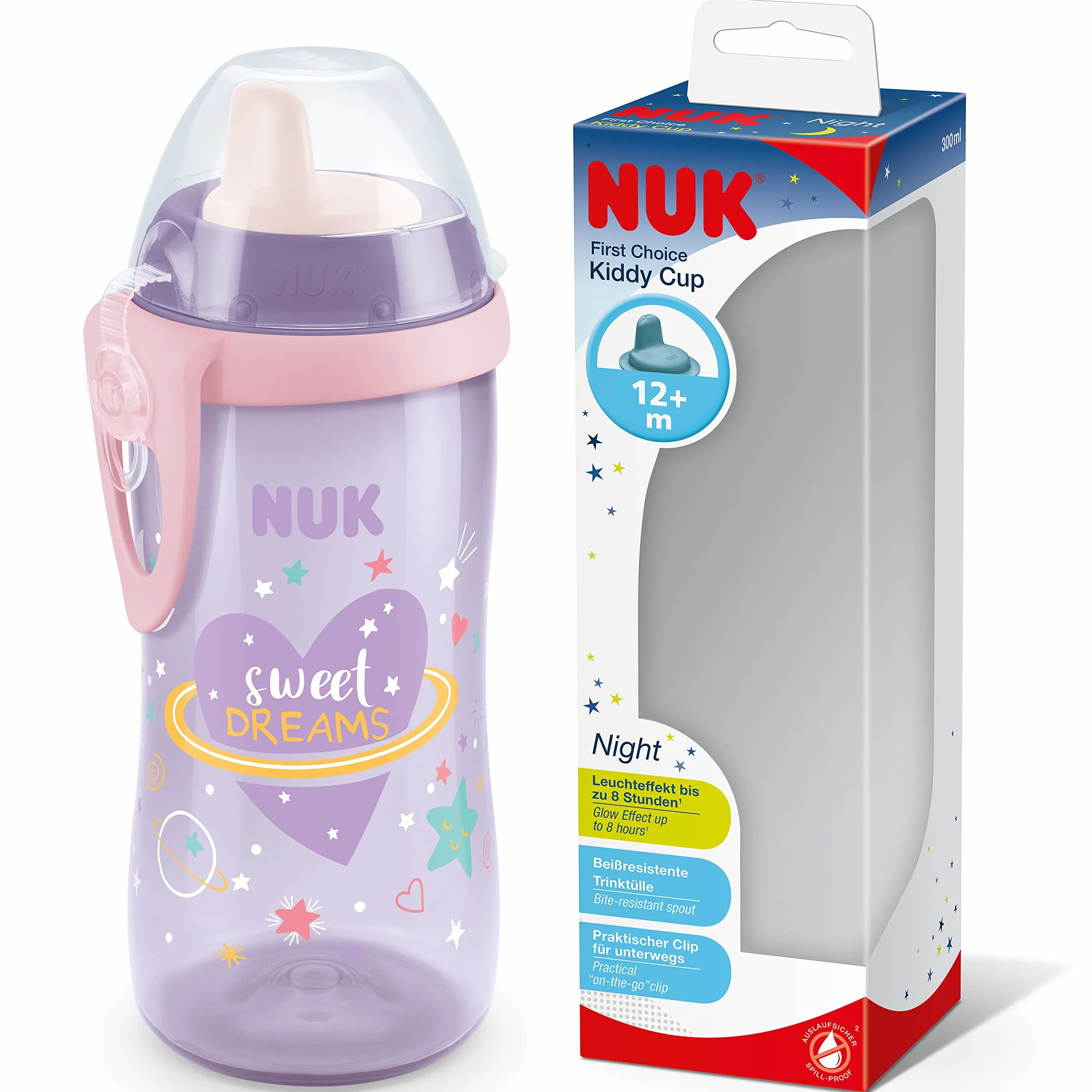Kubek dla niemowlaka NUK Kiddy Cup Night | Od 12 miesiąca | 300 ml | Szczelny i utwardzany dzióbek do picia | Fosforyzujący kolor | Klips i ochronna przykrywka | Nie zawiera bisfenolu A | Fioletowy