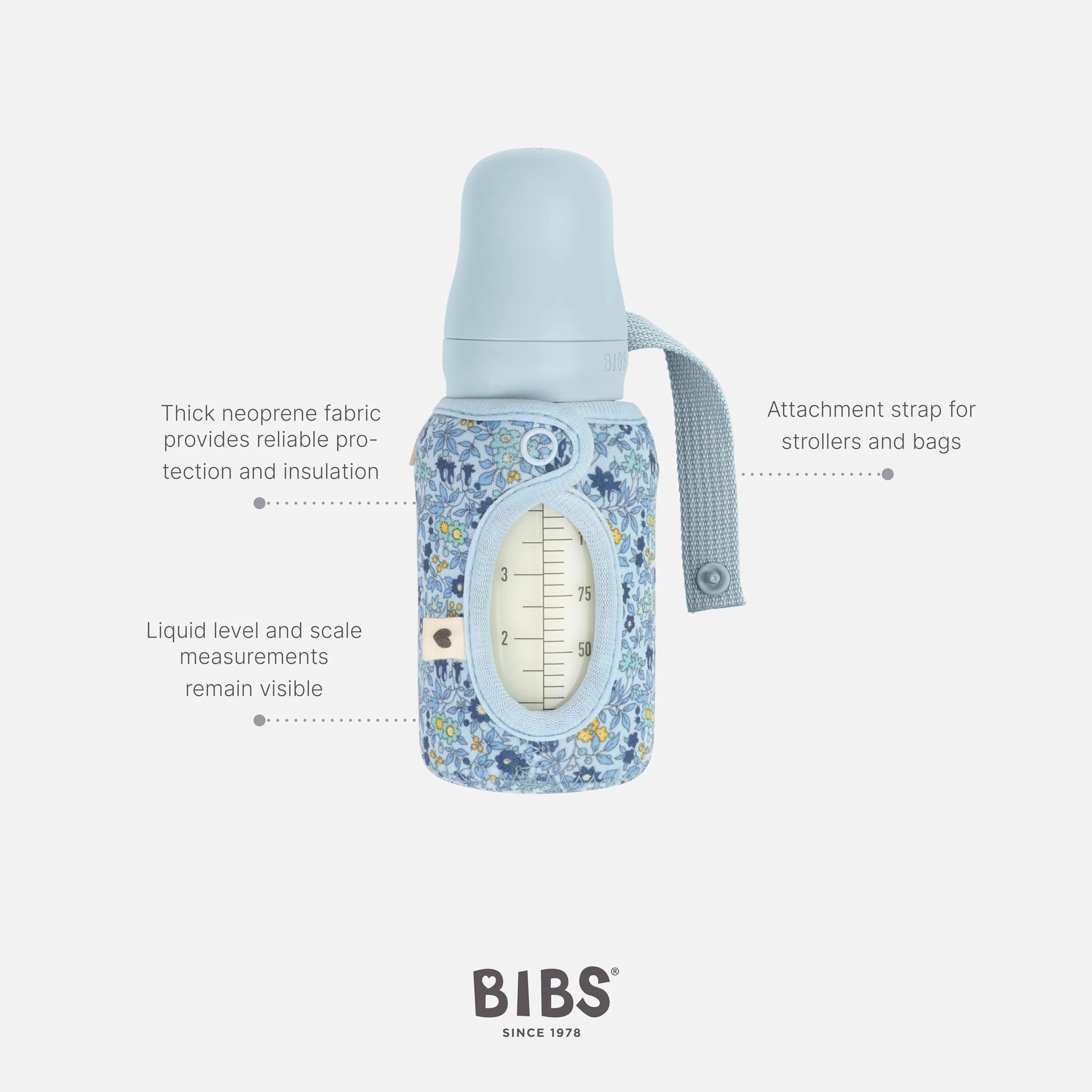 BIBS x LIBERTY Pokrowiec na butelkę dla niemowląt 110ml - Neoprenowa osłona ochronna, Wzór Liberty, Small, Charmomile Lawn Baby Blue