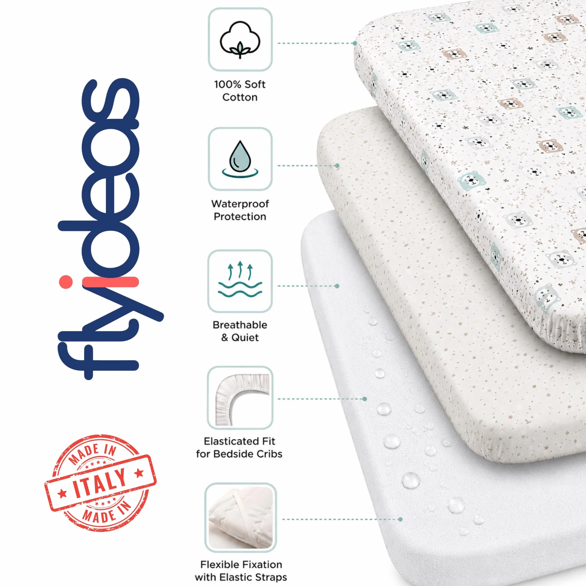 Flyideas 3-częściowy zestaw pościeli do łóżeczek nocnych – 2 bawełniane prześcieradła z gumką i 1 wodoodporny ochraniacz na materac 83 x 50 cm – hipoalergiczne, miękkie, oddychające prześcieradła do