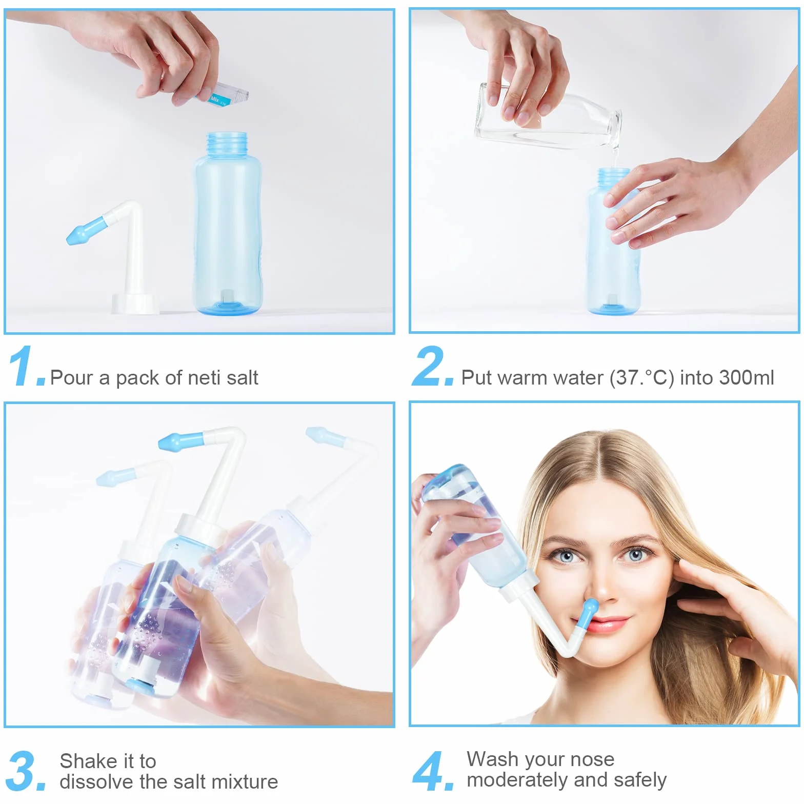 URAQT Neti Pot, zestaw do płukania nosa Płyn do płukania nosa, butelka do płukania zatok 300 ml z 40 saszetkami soli do płukania nosa, płukanka ciśnieniowa do irygacji nosa dla dorosłych i dzieci Bez BPA