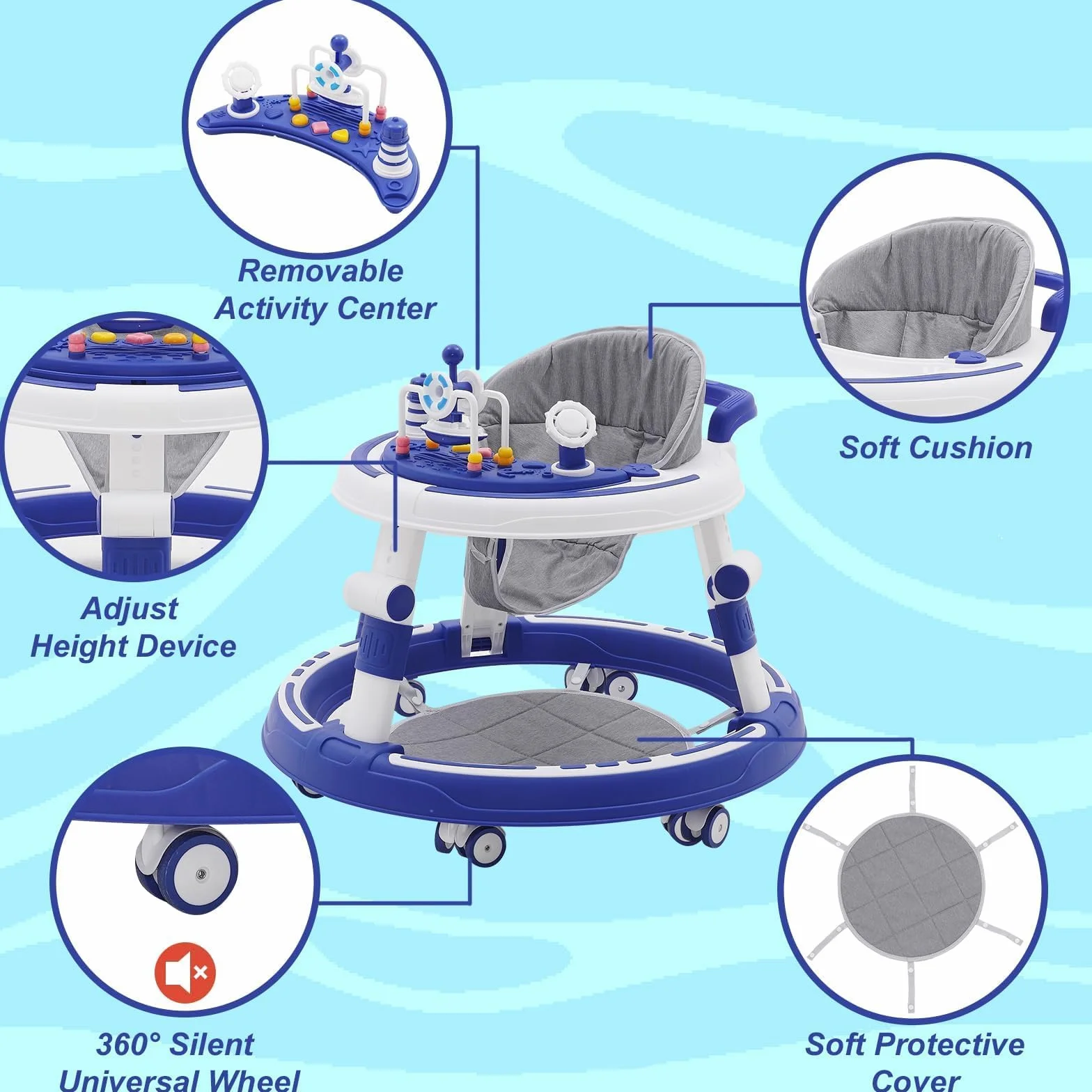 5 w 1 chodzik Baby Walker, z regulacją wysokości, składane, 360°, z muzyką i zdejmowaną tacą, nadaje się dla dzieci od 6 miesięcy