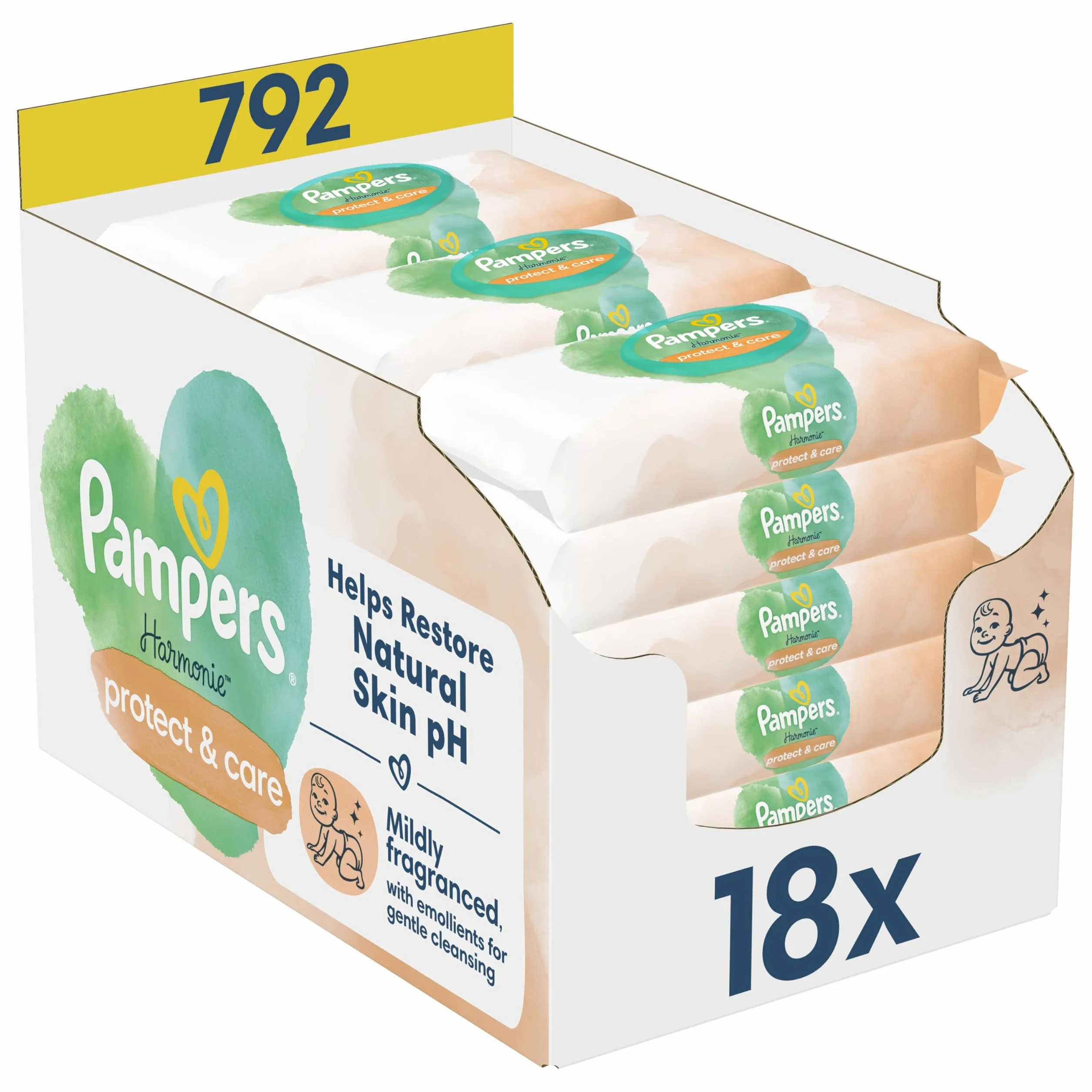 Pampers Harmonie Protect & Care Chusteczki nawilżane dla dzieci 18 opakowań = 792 chusteczek nawilżanych dla dzieci, pomagają zachować naturalne pH skóry