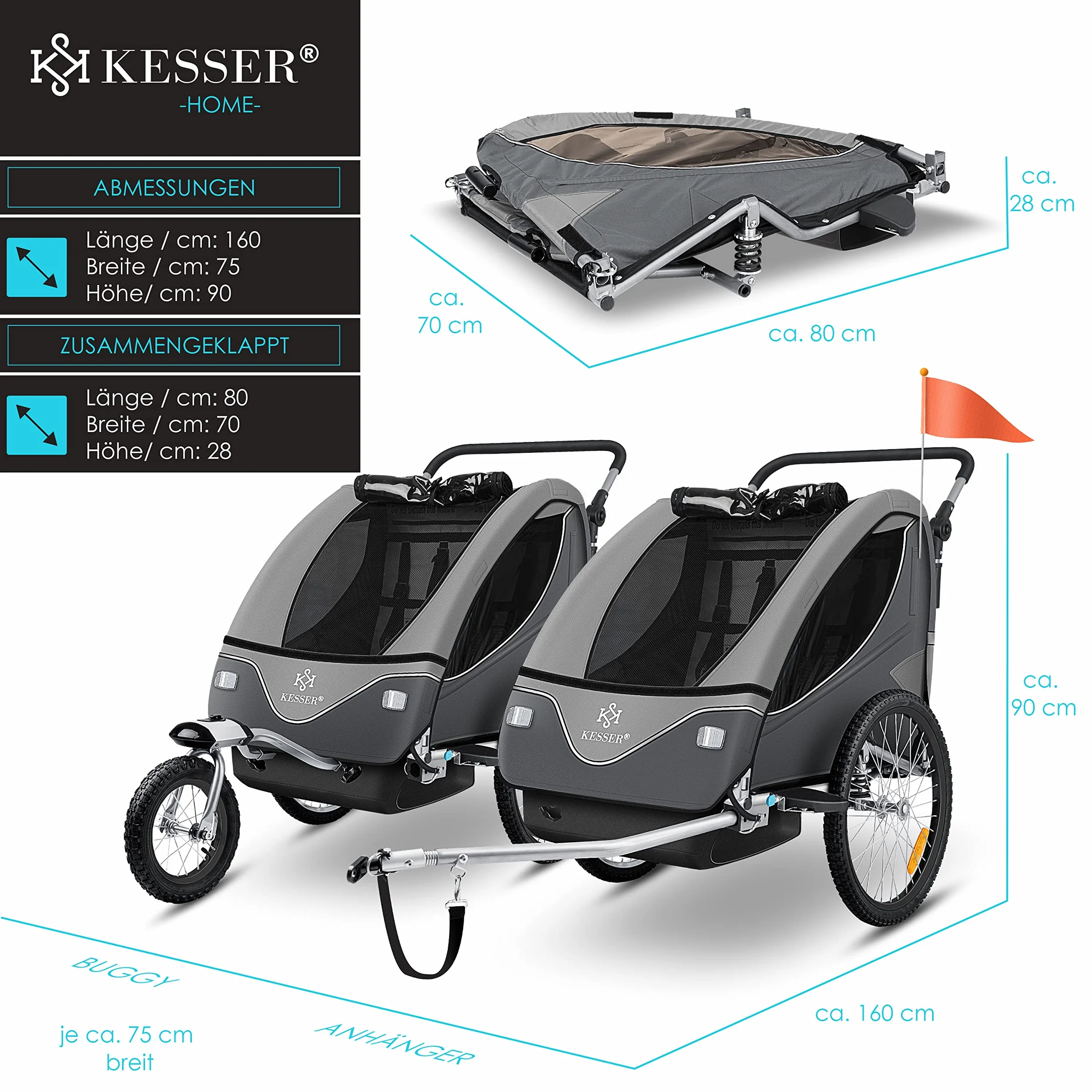 KESSER® Cruiser Child Trailer Przyczepka rowerowa 360° obrotowa z zawieszeniem 2w1 Funkcja Jogger Dziecięca przyczepka rowerowa + 5-punktowe szelki Jogger Przyczepka rowerowa max. 40kg