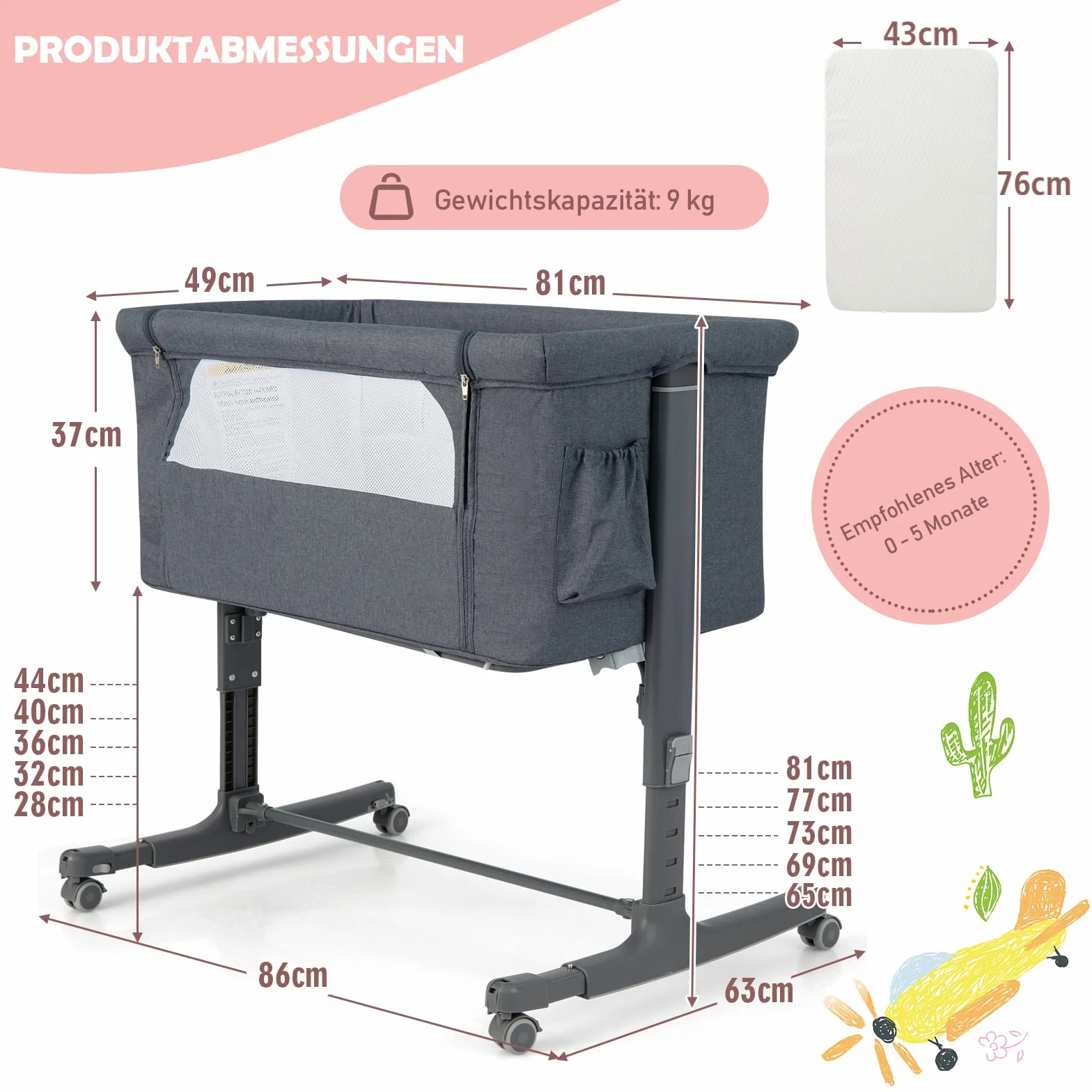 COSTWAY 3 in 1 Bassinet & Cradle & Travel Cot, 5-stopniowe łóżeczko dziecięce z regulacją wysokości, nachylenie 10°, łóżeczko z materacem, torba transportowa (ciemnoszary)