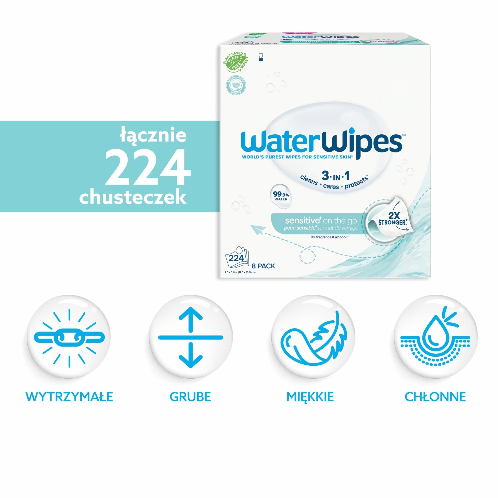 WaterWipes Chusteczki na Wyjazdy, 224 szt. (8 opak.), 99.9% Wody, Idealne w Podróży, Do Twarzy i Ciała