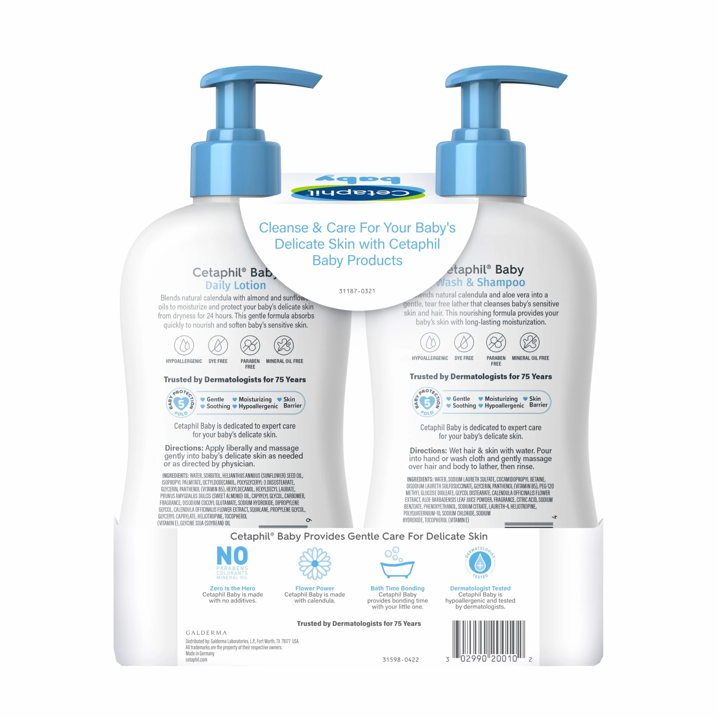 Cetaphil Baby Wash & Shampoo Plus Body Lotion, Healthy Skin Essentials, nawilżająca głowa do 24 godzin, do delikatnej, wrażliwej skóry, 2 szt., kolor biały
