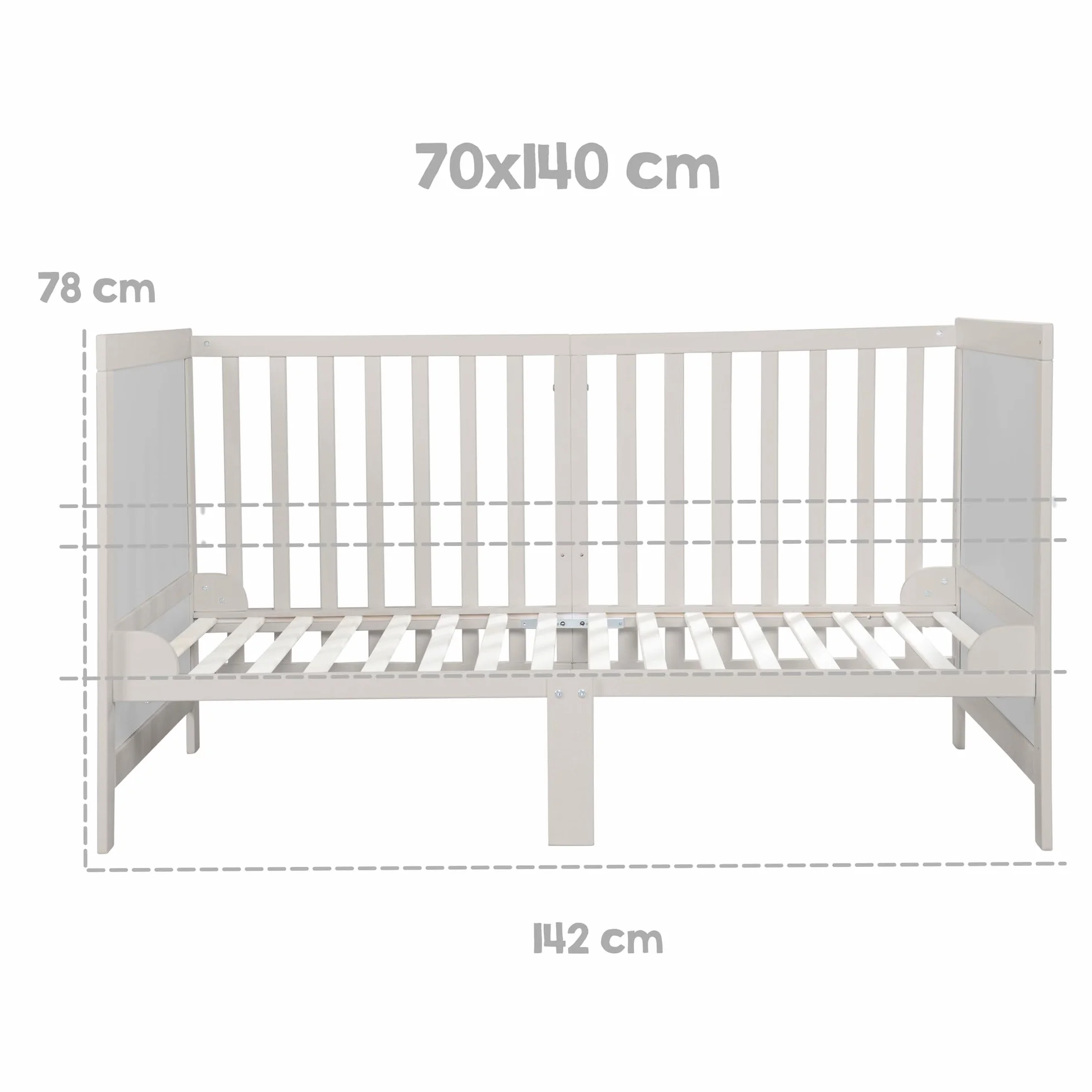 roba Łóżeczko EASY SLEEP 70 x 140 cm z wliczonymi narożnikami do przebudowy - Rośnie razem z dzieckiem, 3-stopniowa regulacja wysokości - 3 wyjmowane szczebelki - Drewno Naturalne/Szare
