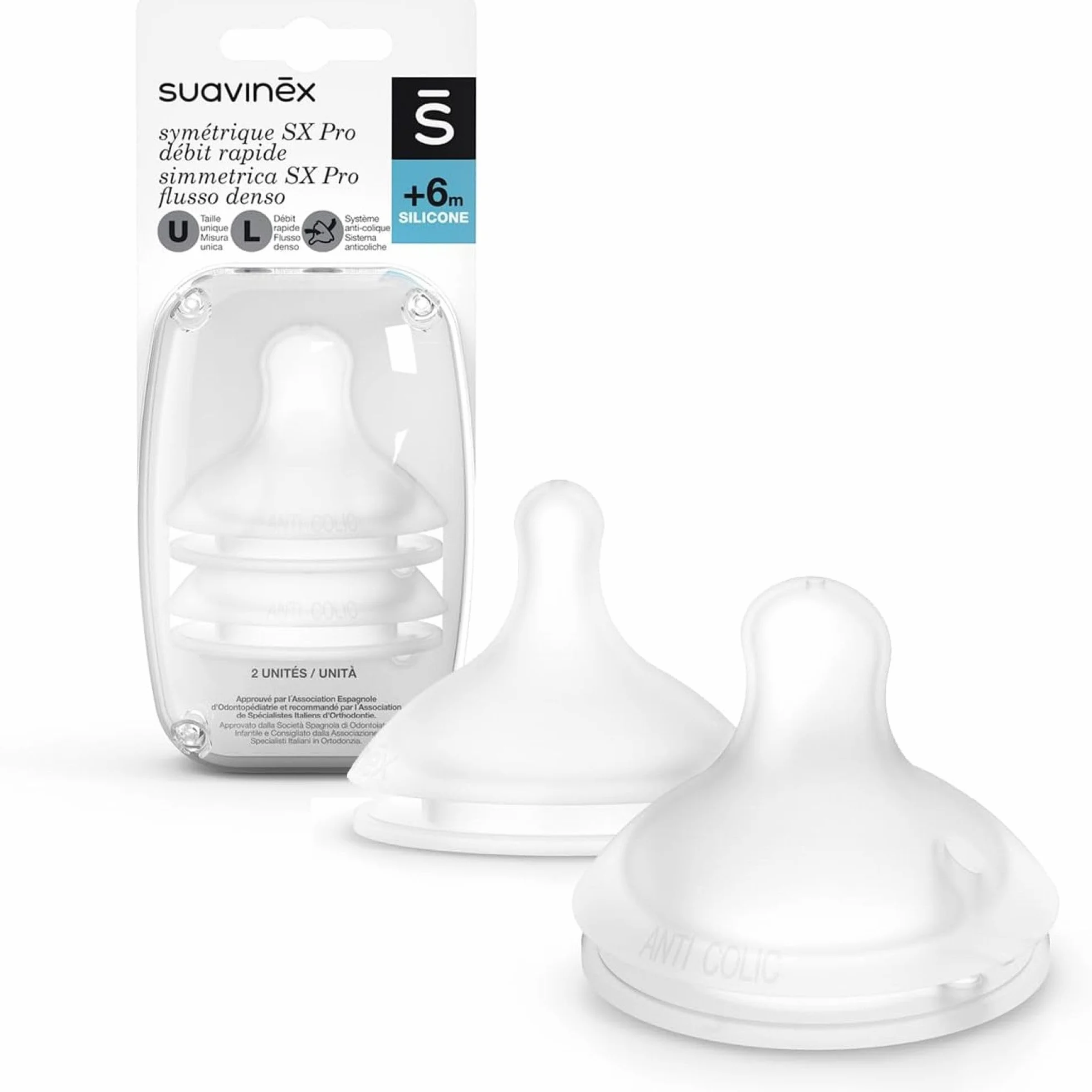 SUAVINEX 307388, opakowanie z 2 symetrycznymi przyssawkami z silikonu SX Pro, masa uszczelniająca do mleka lub gęstych płynów, 6 miesięcy, z systemem antykolicznym