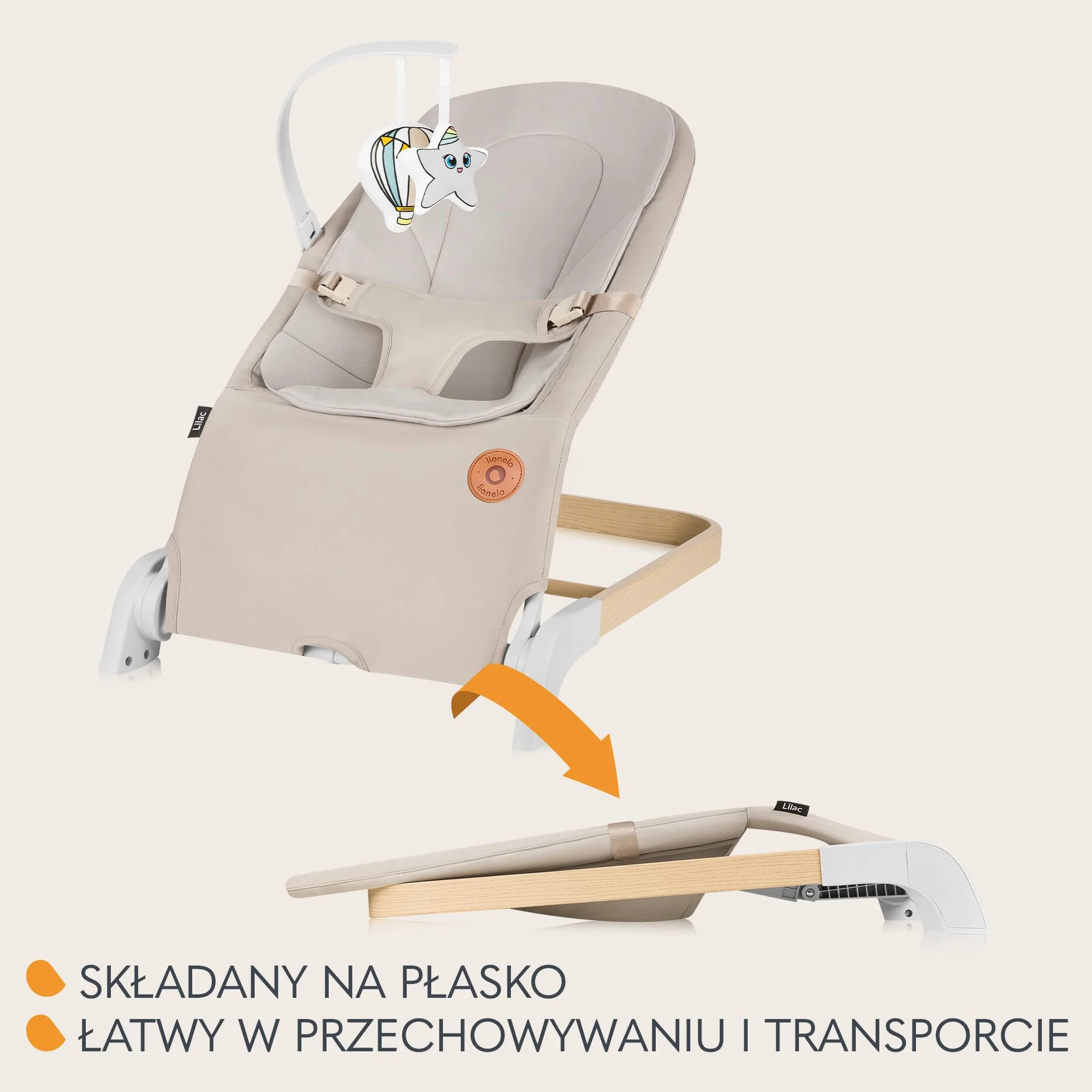 LIONELO LILAC Bujaczek i Leżaczek dla Niemowląt do 9 kg 0-6 miesięcy, Bujak 2 w 1 dla Dzieci, 2 Zabawki, Regulacja Pochylenia, 3 Punktowe Pasy Lekki 3,2 kg Składany na Płasko