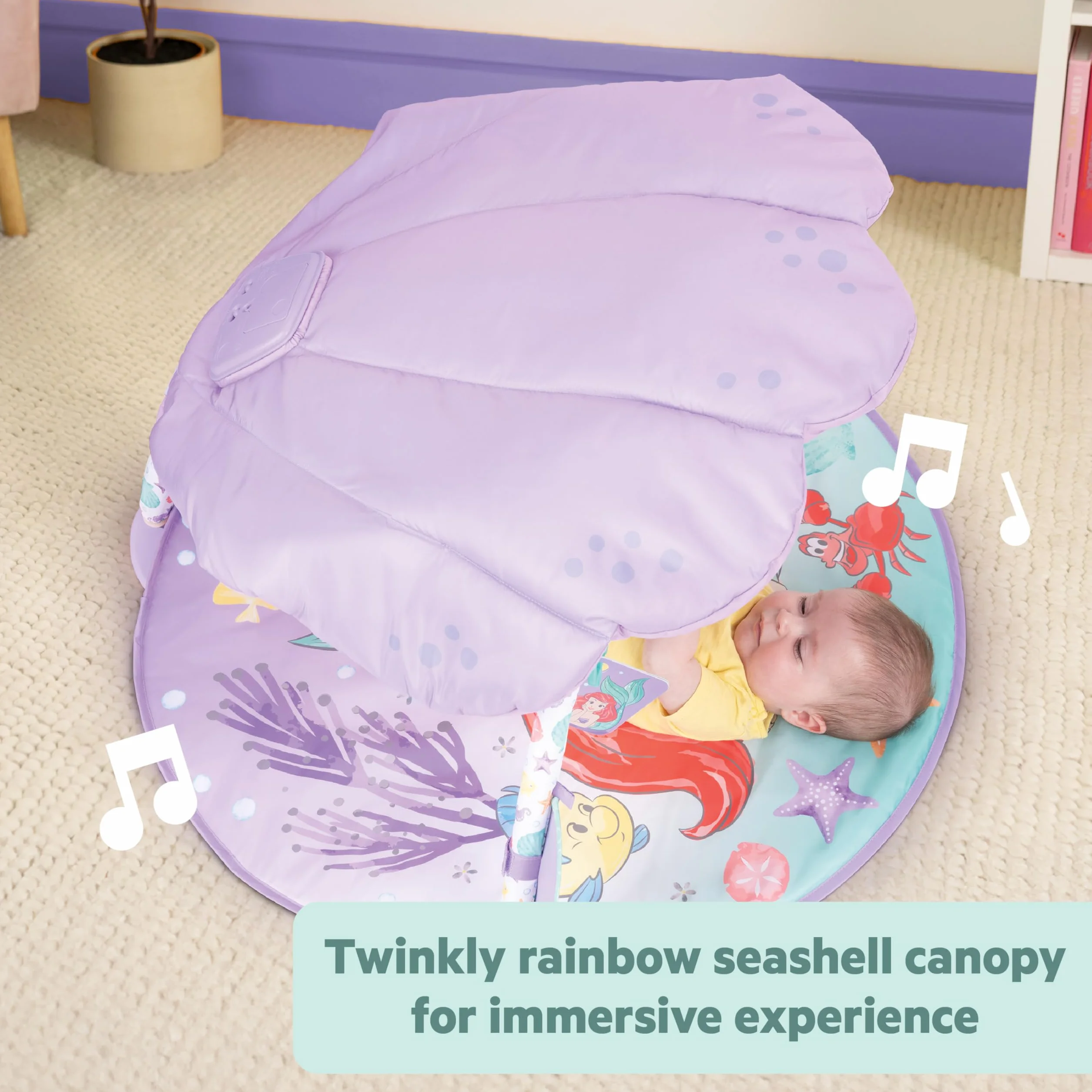 Bright Starts, Disney Baby, Mała Syrenka Twinkle Trove Light-Up Musical Baby Activity Gym, ponad 25 min melodii, 6 zabawek, wiek noworodek +, fioletowy