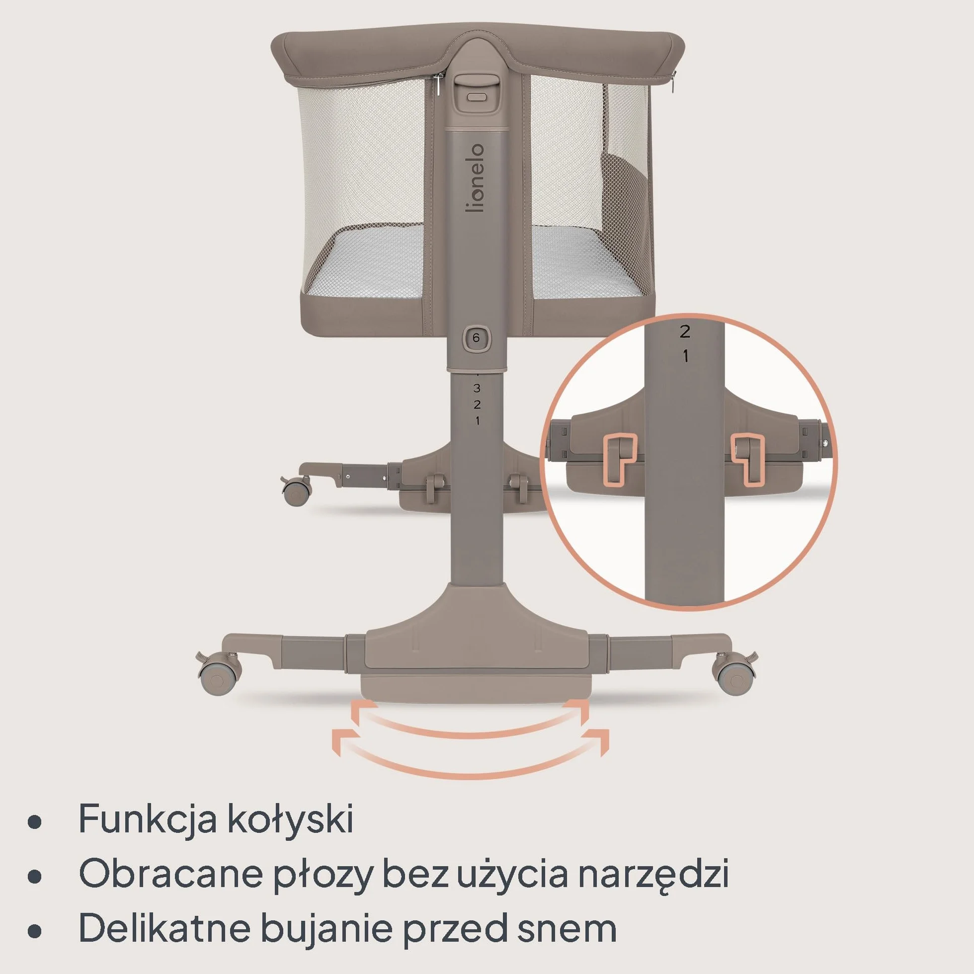 Lionelo PARI łóżeczko nocne 3 w 1 regulowane 6 poziomów kołysanie pochylany materac siatka zamykane kółka torba podróżna