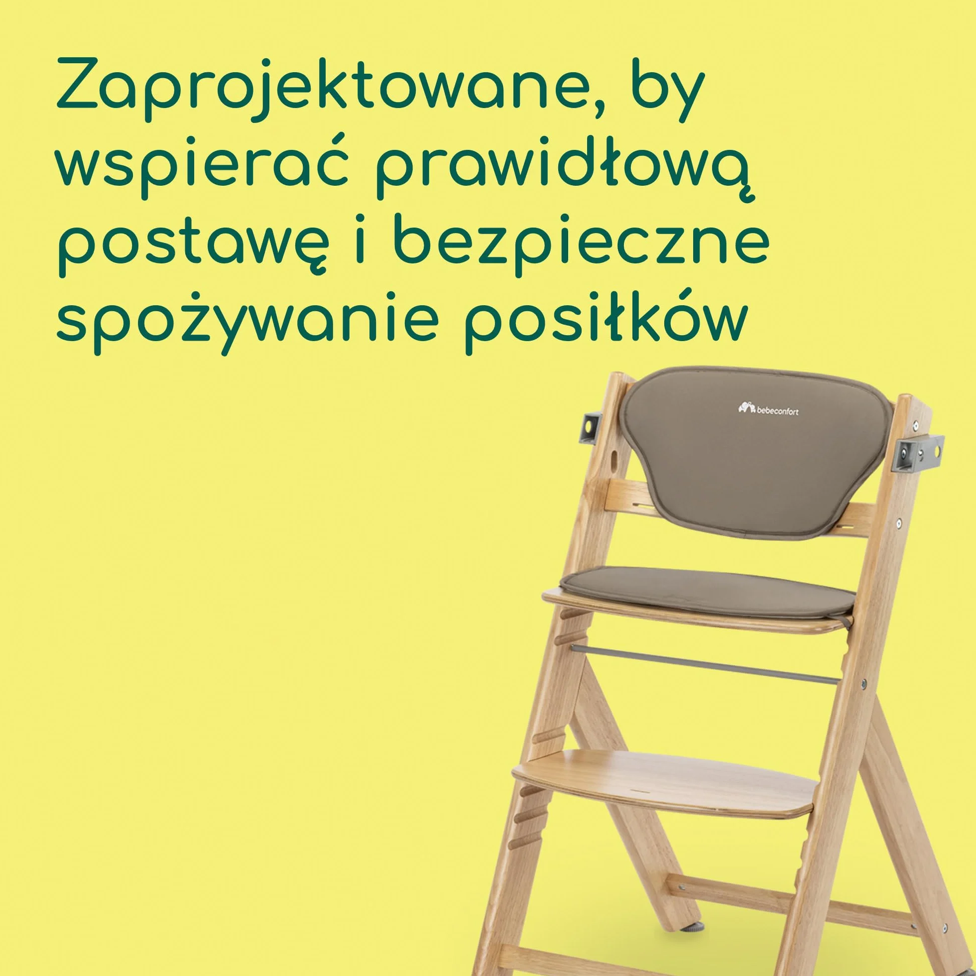 Bebeconfort Timba 2 z Poduszką, Krzesełko Dziecięce Drewniane, 6+ Miesięcy, Do 110 kg, Ergonomiczne Krzesełko do Karmienia, Pasuje do Wielu Stołów, Wyjmowana Taca, Natural Wood + Beige