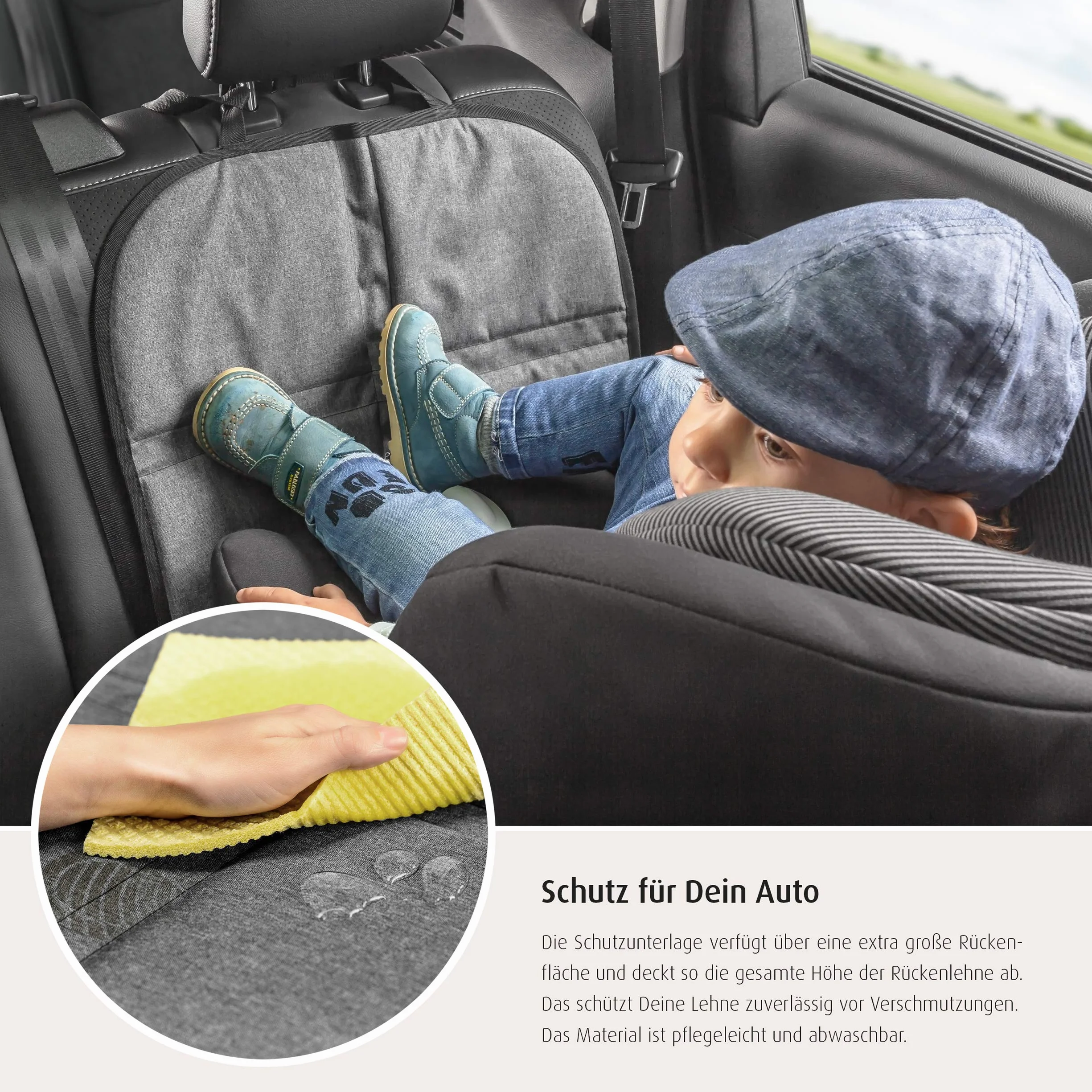 reer Podkładka pod fotelik dziecięcy TravelKid MaxiProtect, podkładka ochronna na fotel samochodowy z ochroną oparcia, antypoślizgowa podkładka, nadaje się do wszystkich tradycyjnych modeli, szara