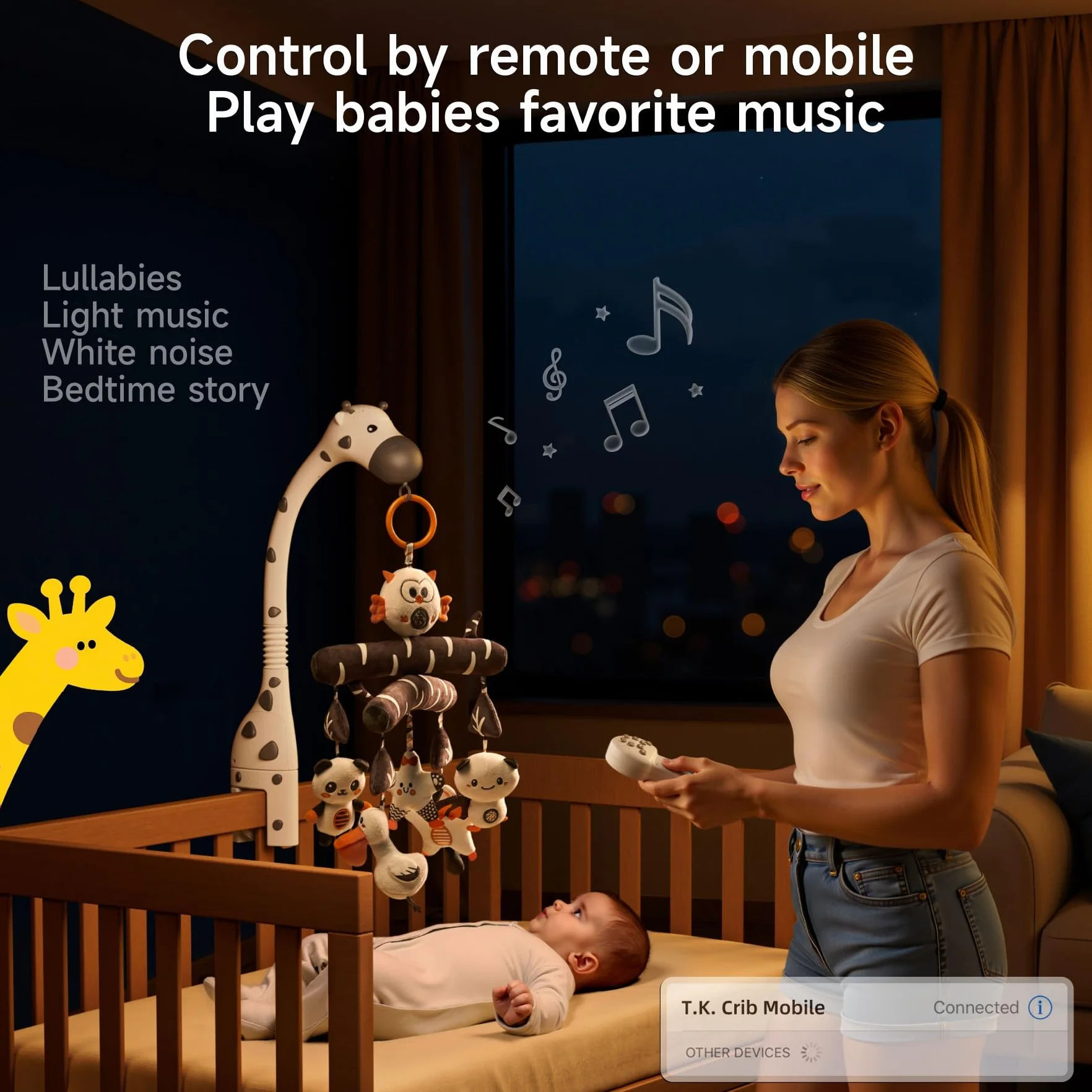 TUMAMA Mobilne łóżeczko dziecięce z muzyką, zawieszka na ramię do łóżeczka, mobilne łóżeczko dziecięce, mobilne łóżeczko dziecięce z miękką czarno-białą zabawką sensoryczną, mobilny gong dla dziecka